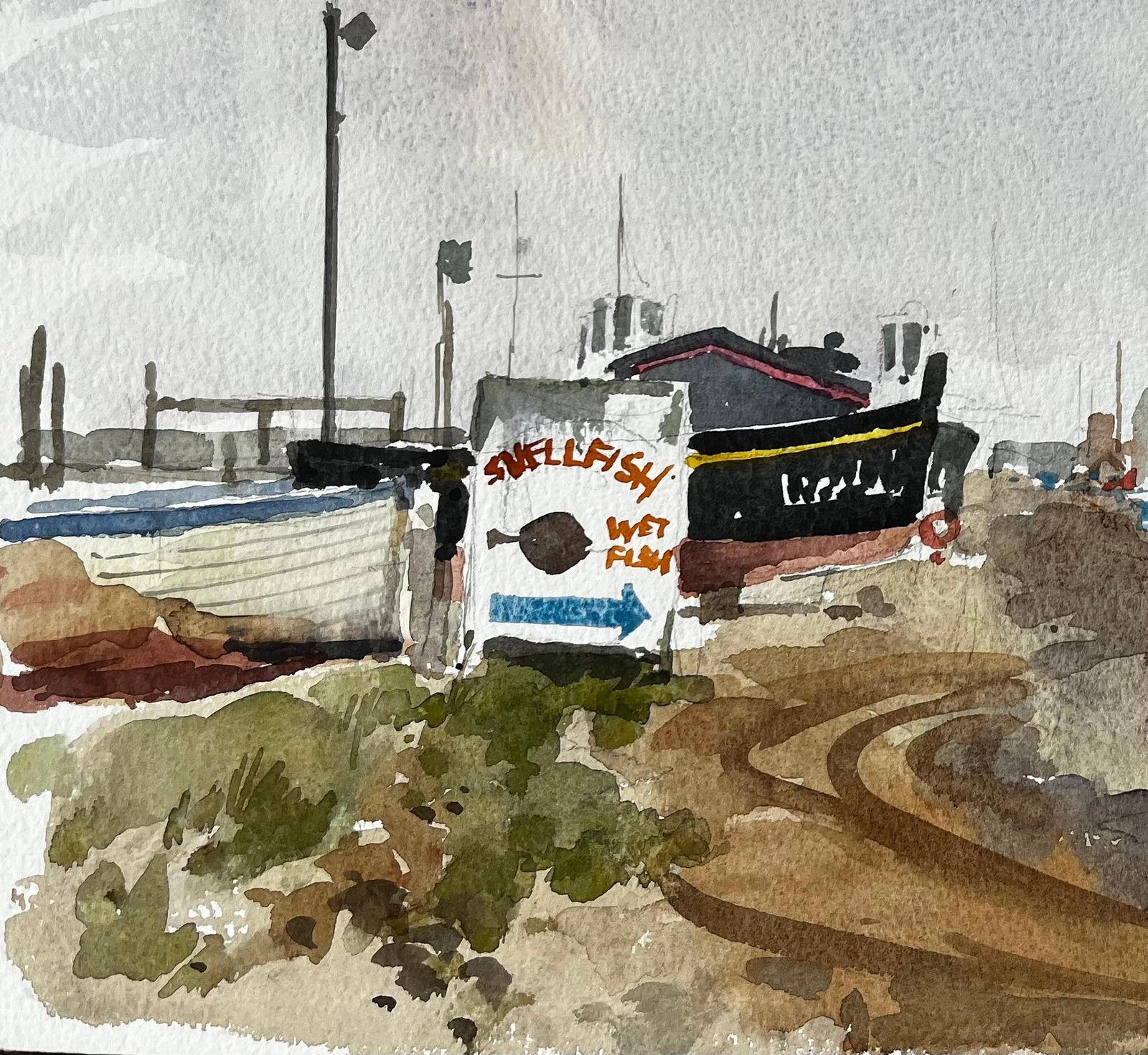 Anthony Herbertoriginal Watercolour Southwold Harbour Boats And Fishing Huts Scene1993 photo Art