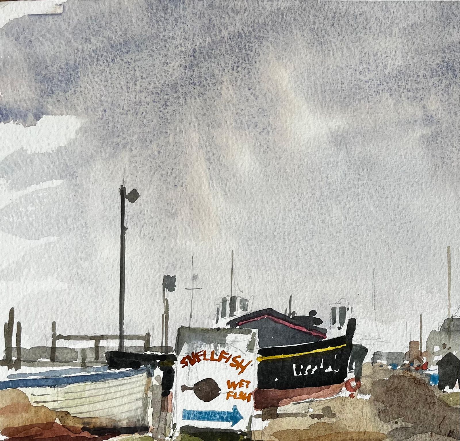Anthony Herbertoriginal Watercolour Southwold Harbour Boats And Fishing Huts Scene1993 photo vinterior