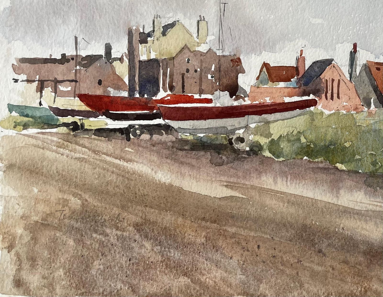 Anthony Herbertoriginal Watercolour Aldeburgh Suffolk Coastal Tower Boats And Buildings1993 photo 524.0