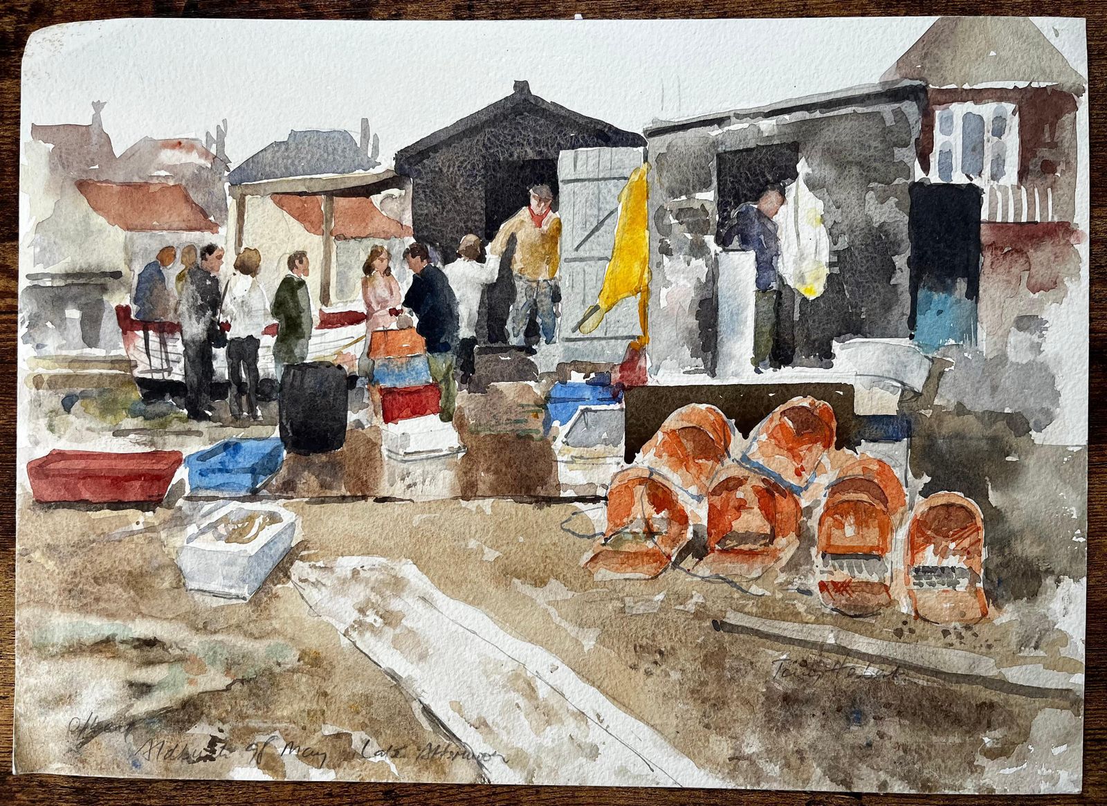 Anthony Herbertoriginal Watercolour Aldeburgh Fishing Quay Scene With Lobster Pots And Market1998 photo furniture
