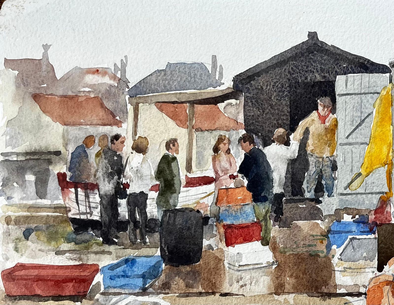 Anthony Herbertoriginal Watercolour Aldeburgh Fishing Quay Scene With Lobster Pots And Market1998 photo for sale