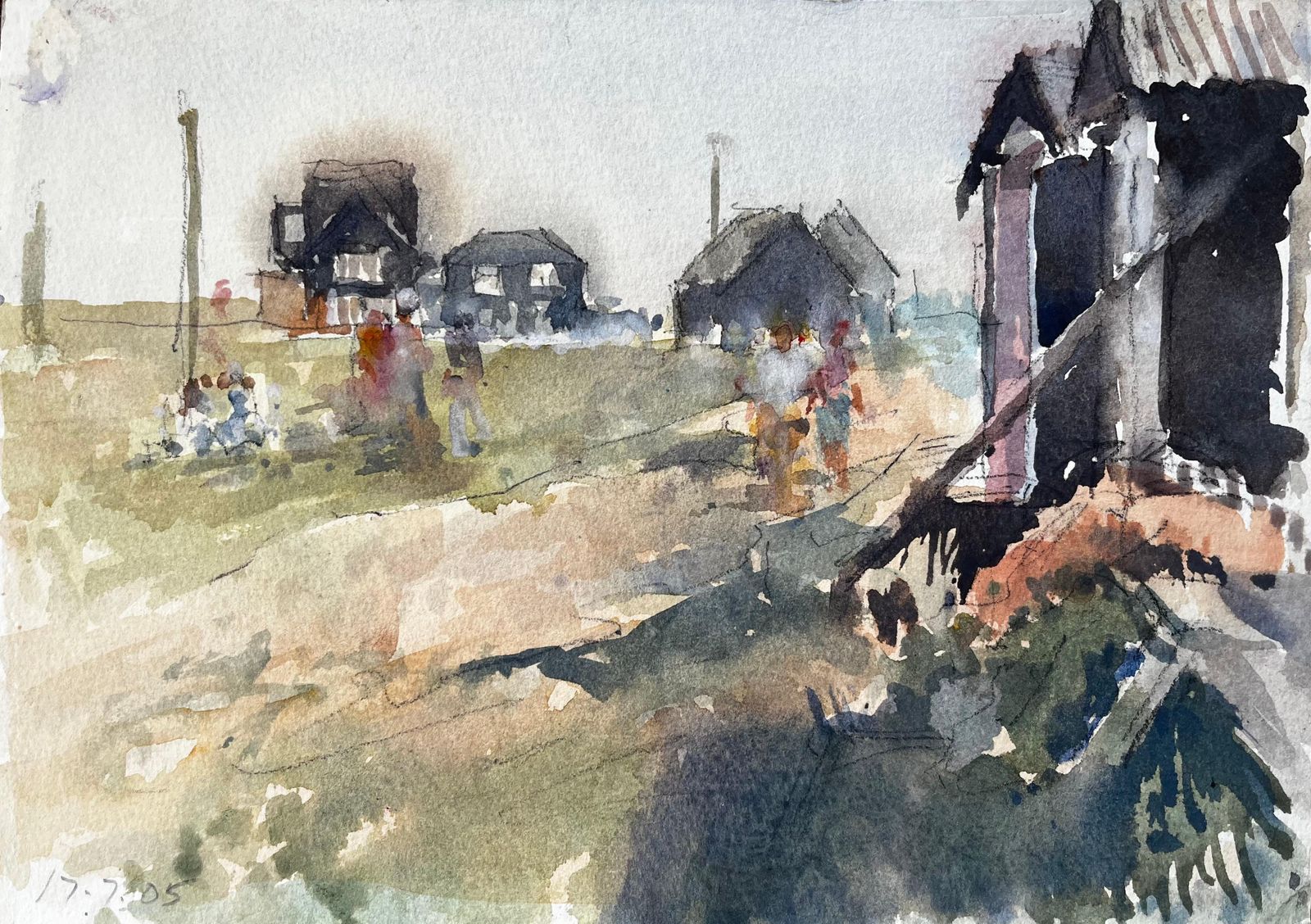 Anthony Herbertoriginal Watercolour Village Scene With Figures And Cabins Summer 2005
