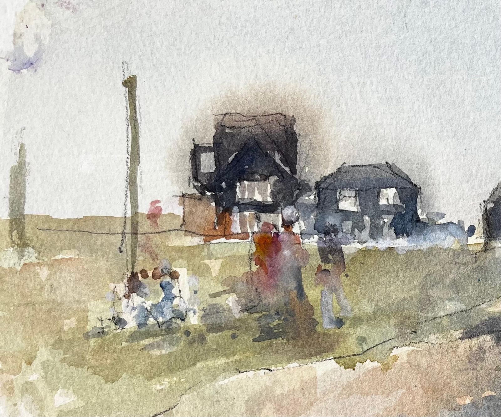 Anthony Herbertoriginal Watercolour Village Scene With Figures And Cabins Summer 2005 photo 393.0