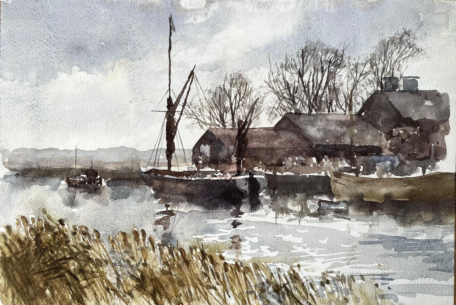 Anthony Herbertoriginal Watercolour Riverside Boatyard With Reflections And Winter Trees1993
