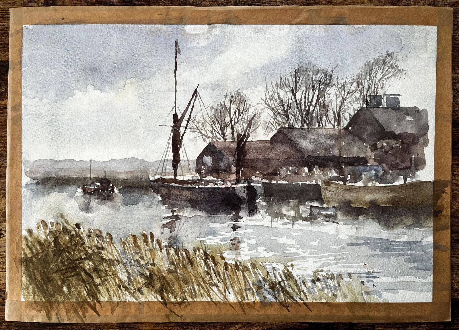 Anthony Herbertoriginal Watercolour Riverside Boatyard With Reflections And Winter Trees1993 photo furniture