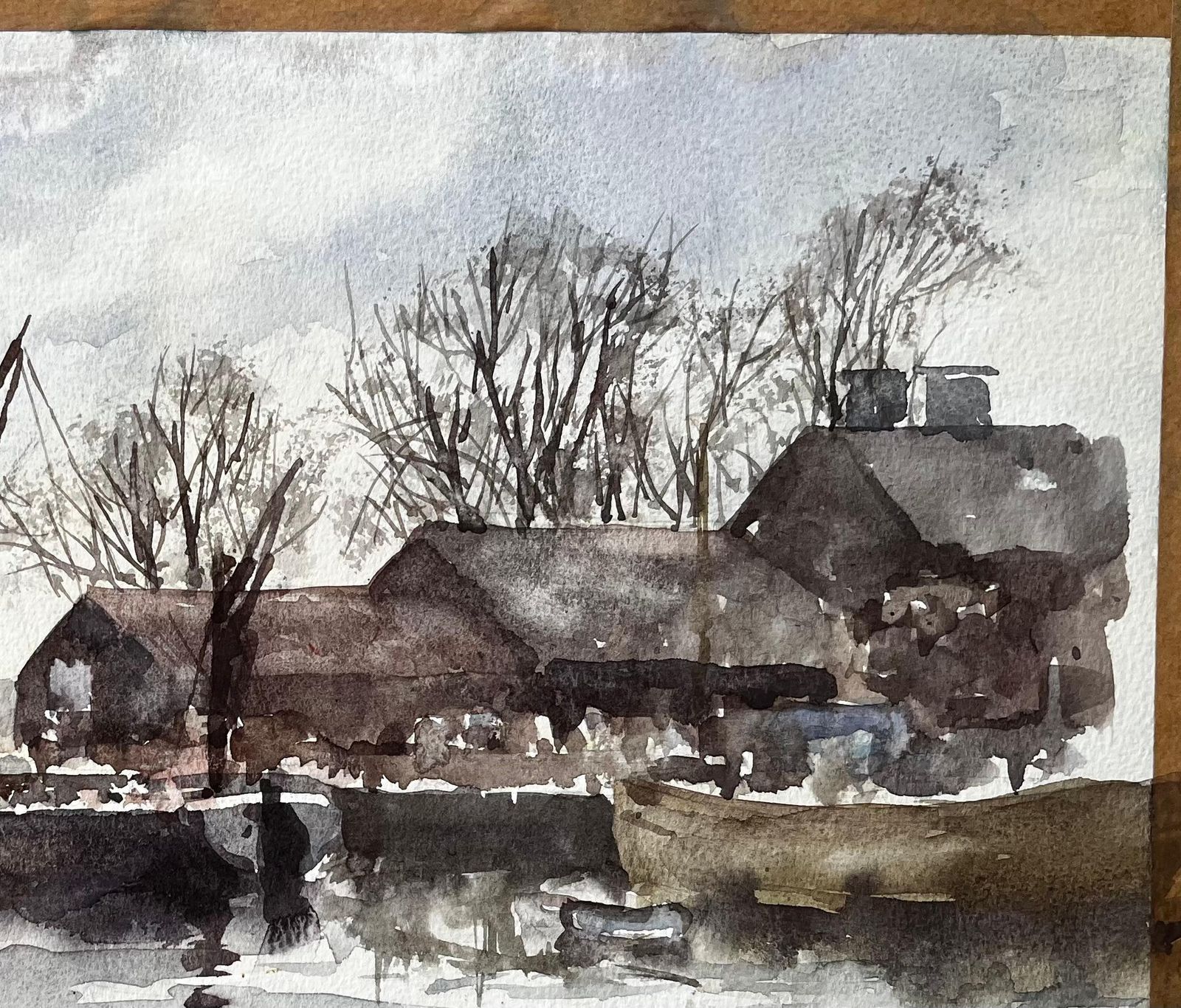 Anthony Herbertoriginal Watercolour Riverside Boatyard With Reflections And Winter Trees1993 photo for sale