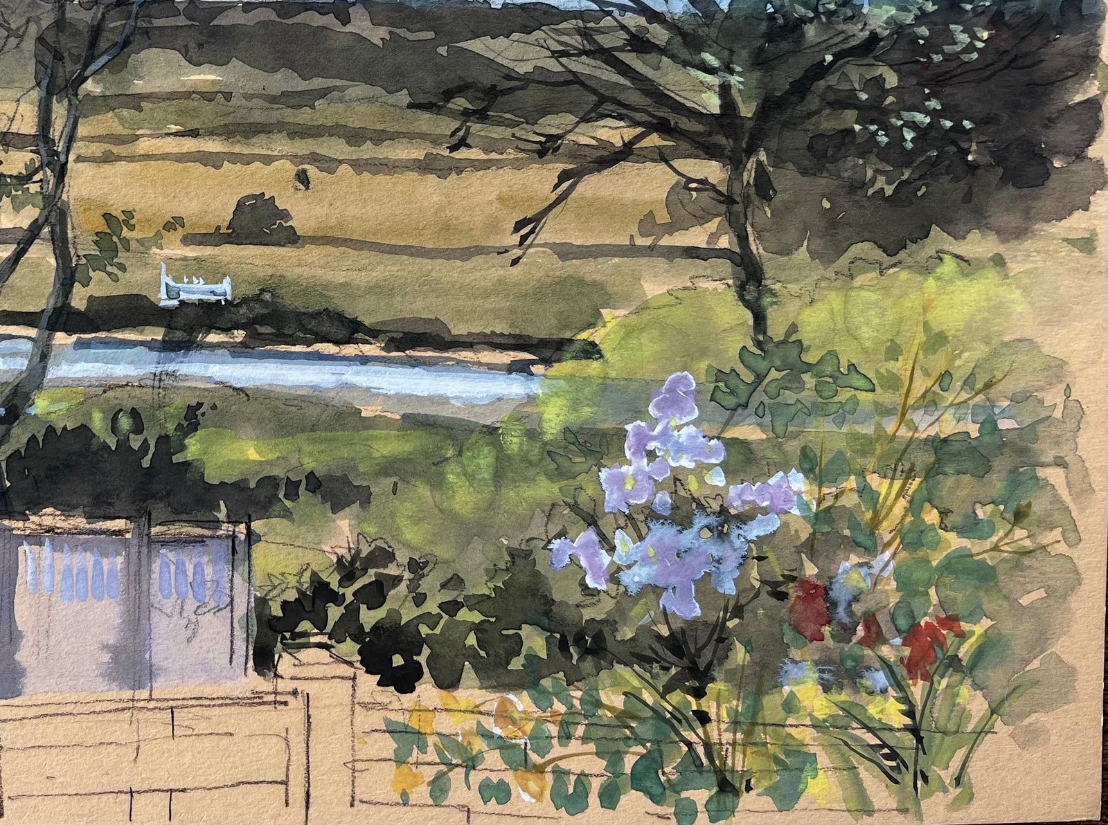 Anthony Herbertseaton Devon Landscape View Through Trees With River And Garden Flowers 19811981 photo for sale