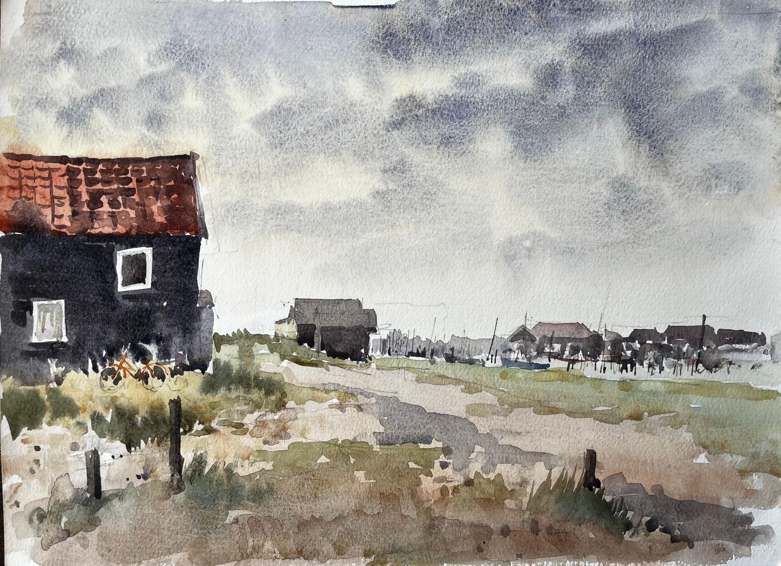 Anthony Herbertoriginal Watercolour Coastal Landscape With Fishing Huts And Bike1994