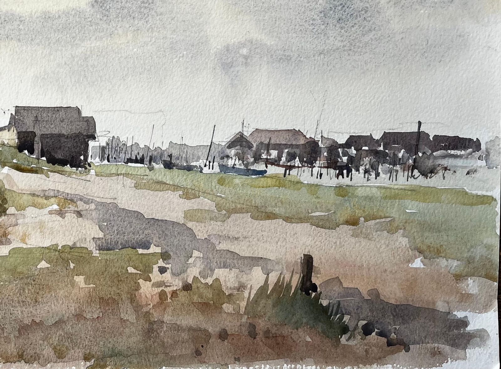 Anthony Herbertoriginal Watercolour Coastal Landscape With Fishing Huts And Bike1994 photo Art