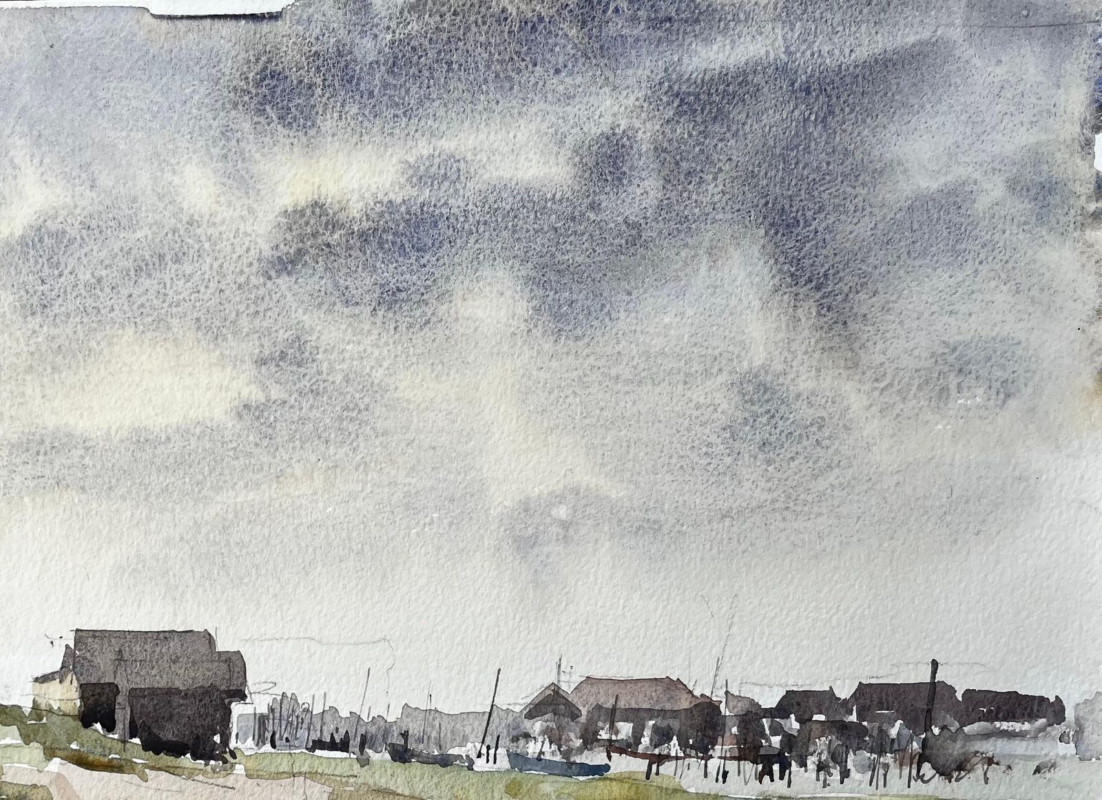 Anthony Herbertoriginal Watercolour Coastal Landscape With Fishing Huts And Bike1994 photo 428.0