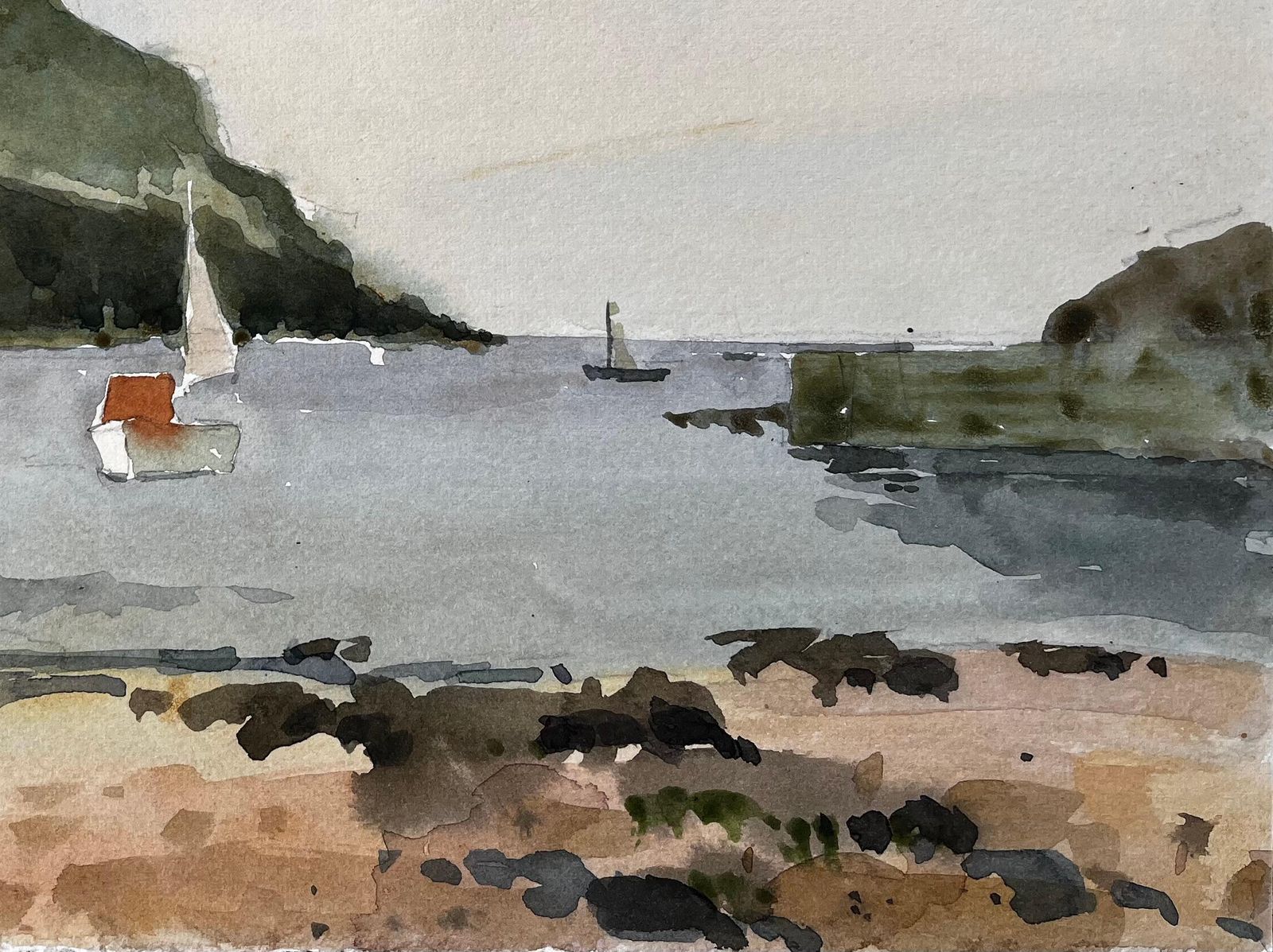 Anthony Herberthope Cove Devon Harbour View With Sailboats And Beach Watercolour Painting 19841984 photo Art