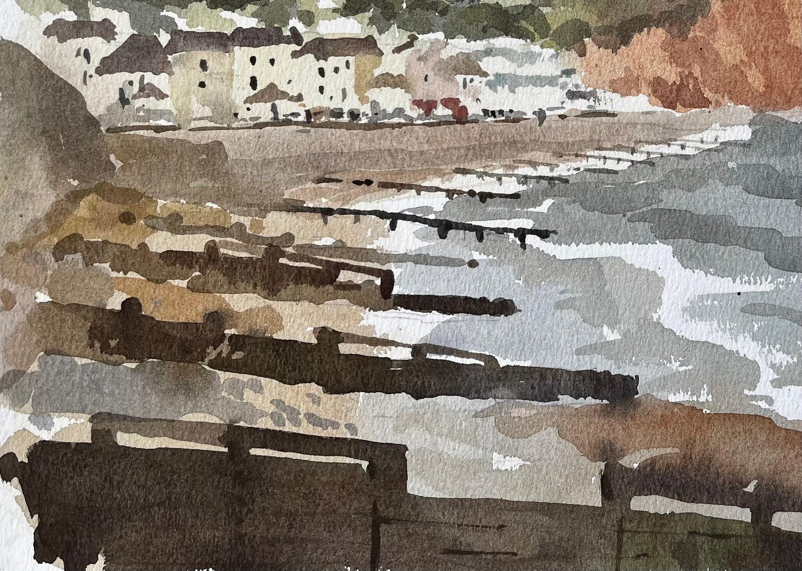 Anthony Herbert1991 Watercolour Of Sidmouth East Devon With Cliffs, Sea And Coastal Townscape1991 photo Art