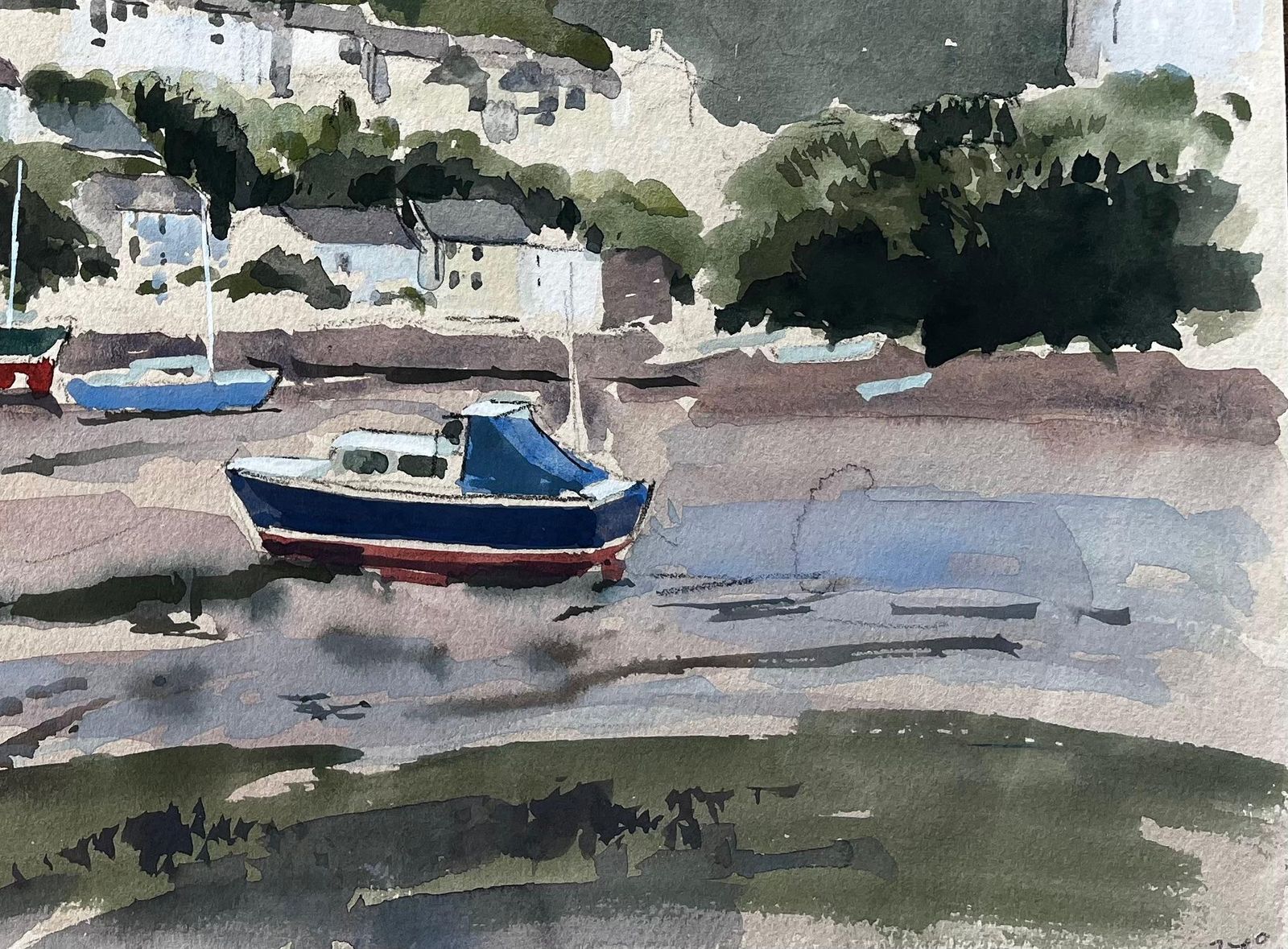 Anthony Herbert1982 Watercolour Of Newton Ferrers Devon With Boats, Hills And Coastal Cottages1982 photo for sale