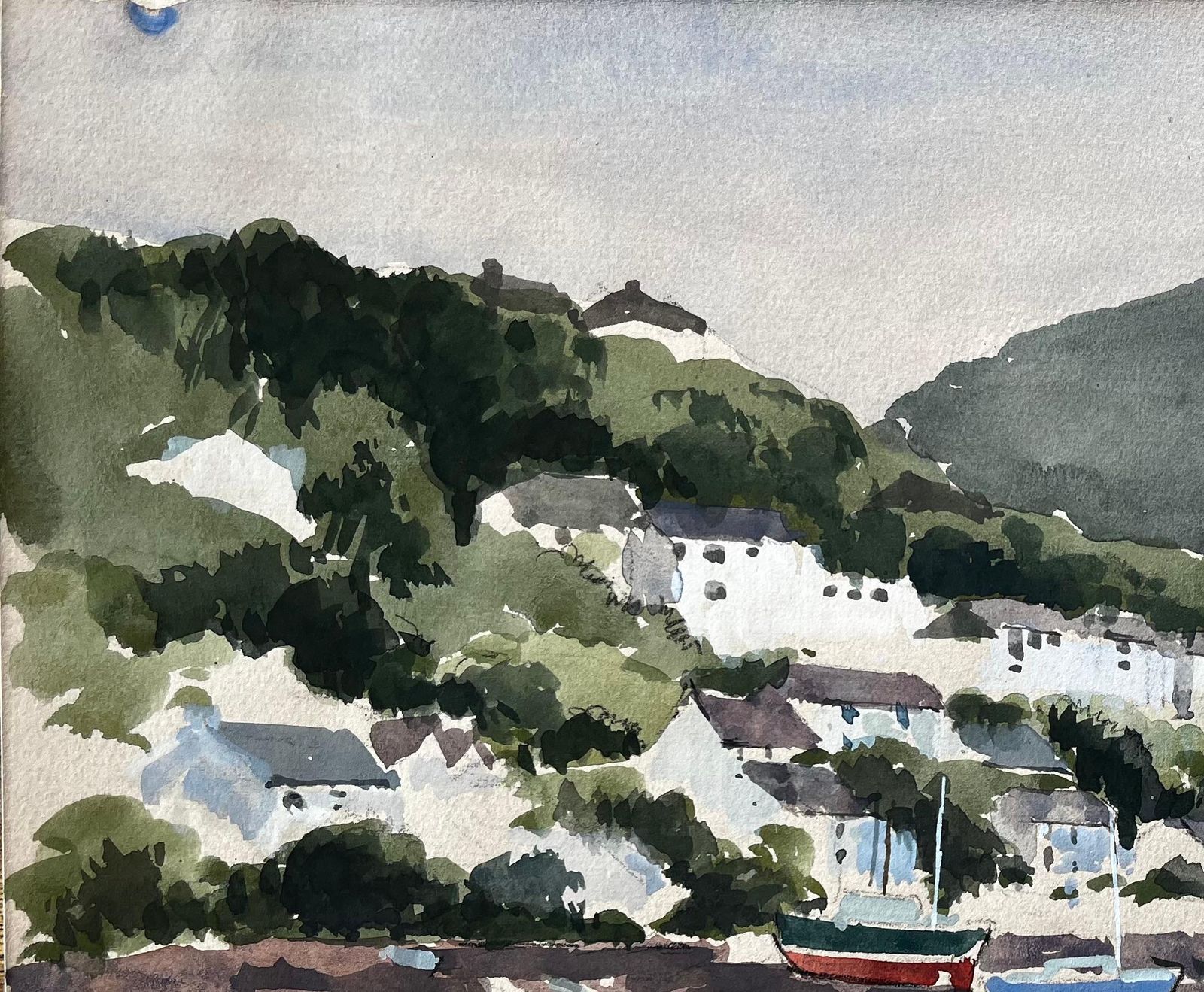 Anthony Herbert1982 Watercolour Of Newton Ferrers Devon With Boats, Hills And Coastal Cottages1982 photo 474.0