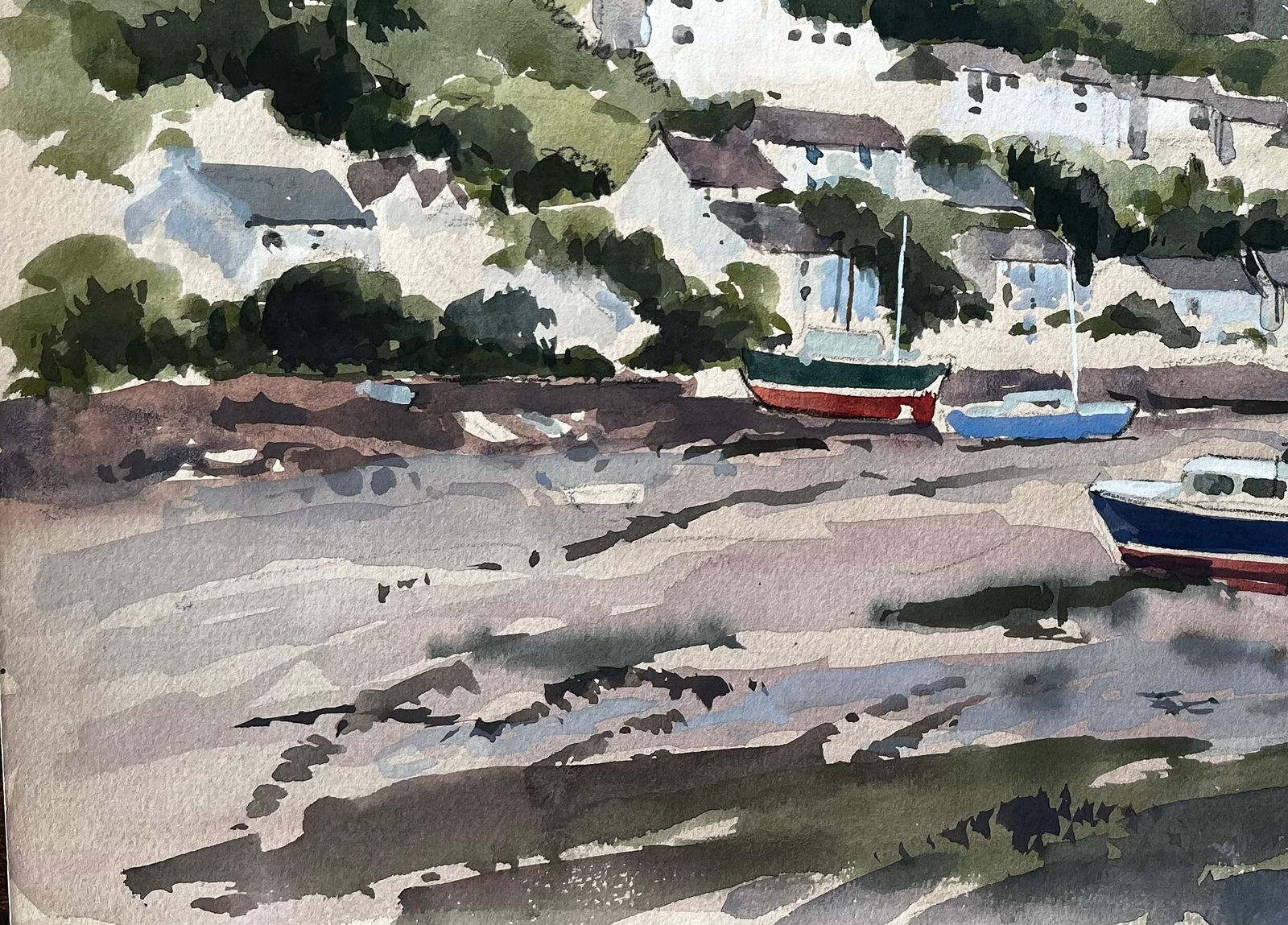 Anthony Herbert1982 Watercolour Of Newton Ferrers Devon With Boats, Hills And Coastal Cottages1982 photo vinterior
