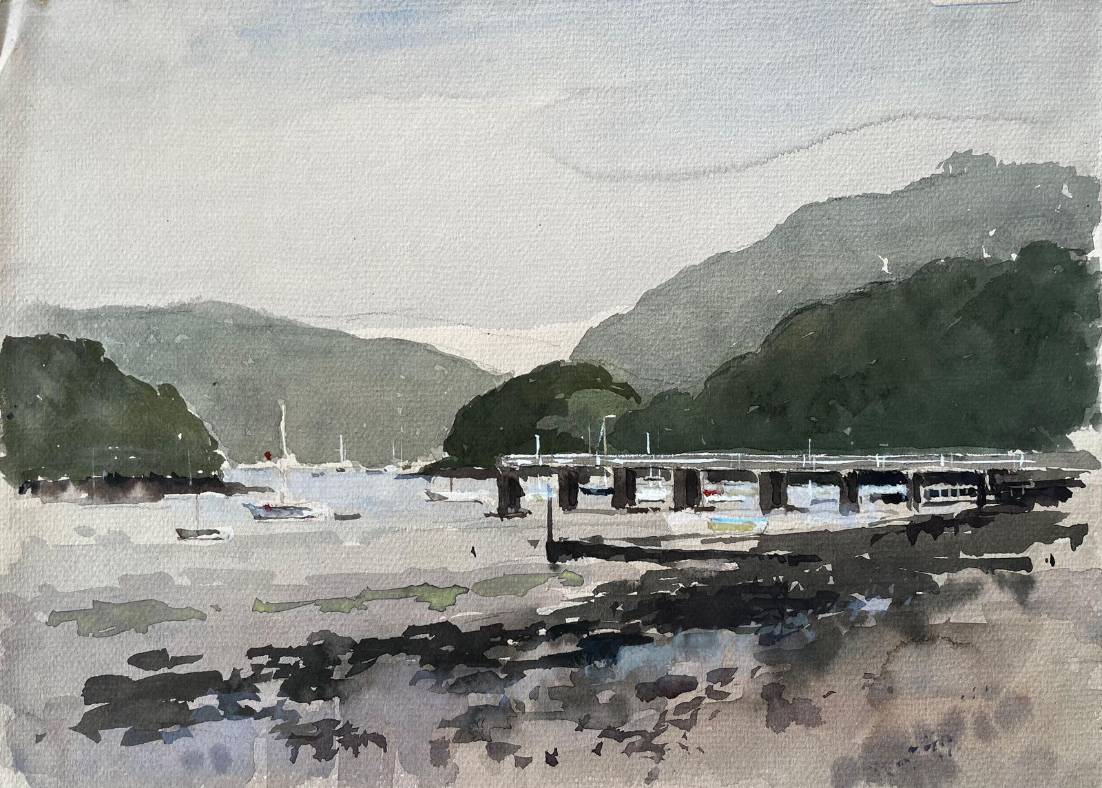 Anthony Herbert1982 Watercolour Of Dittisham River Dart Devon With Boats And Woodland Hills1982