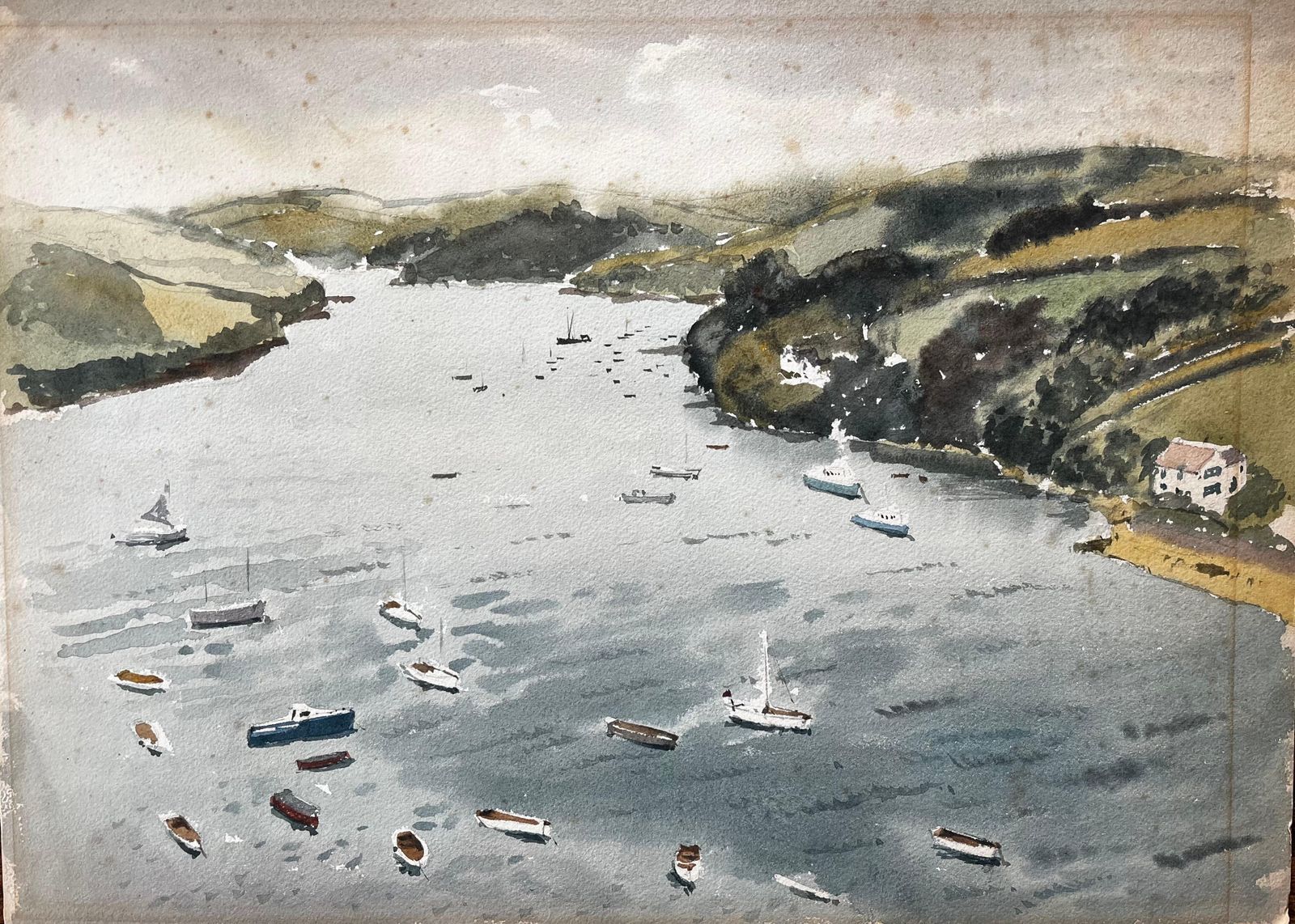 Anthony Herbert1963 Watercolour Of Salcombe Harbour Devon With Boats, Estuary And Hillside View1963