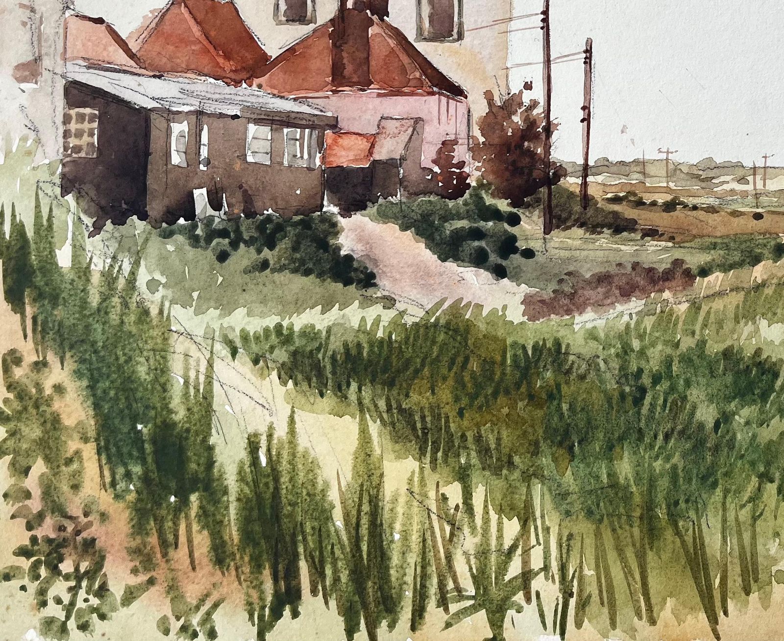 Anthony Herbertbritish Village Edge Red Roof Houses And Rural Track Watercolour Landscape photo Art