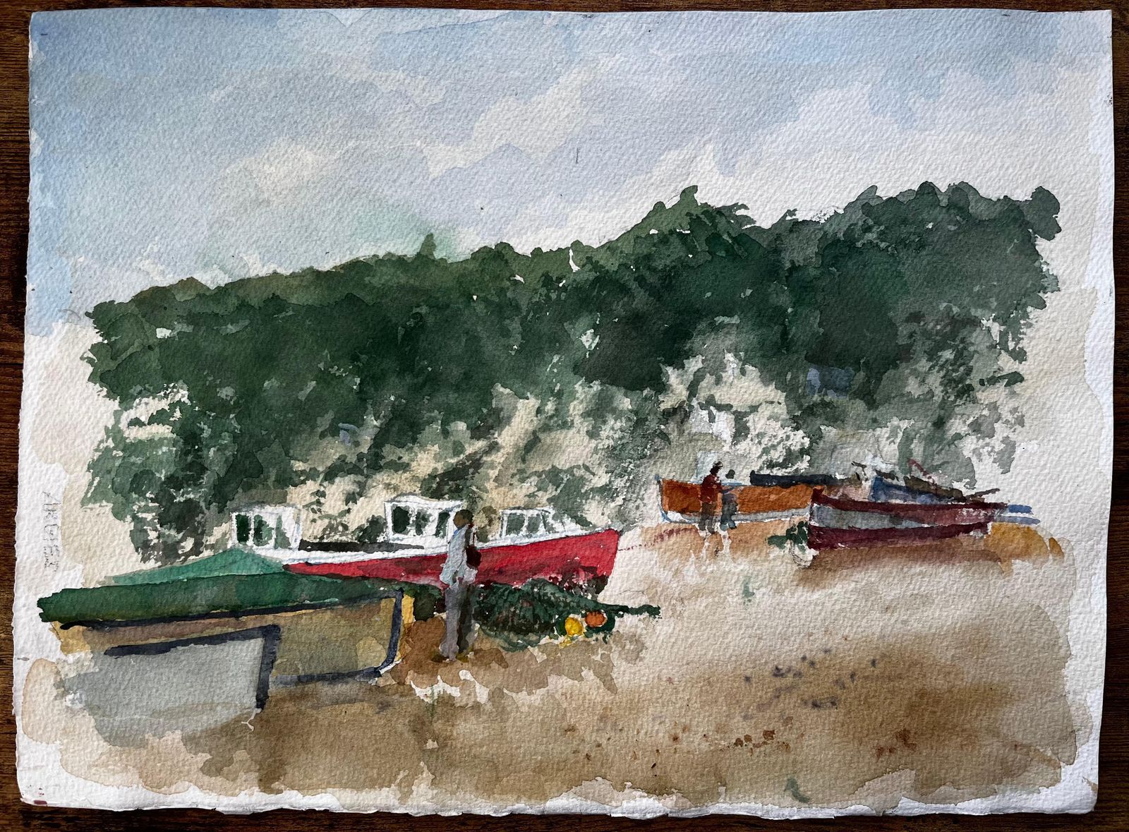 Anthony Herbertwatercolour Of Beer East Devon Fishing Beach With Boats, Cliffs And Figures photo furniture
