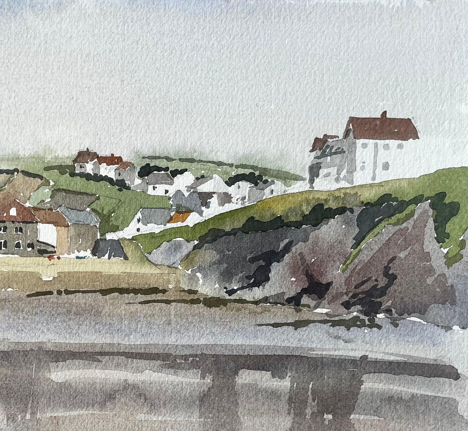 Anthony Herberthope Cove Devon Coastal Village With Reflections Boats And Cliffs Watercolour1986 photo for sale