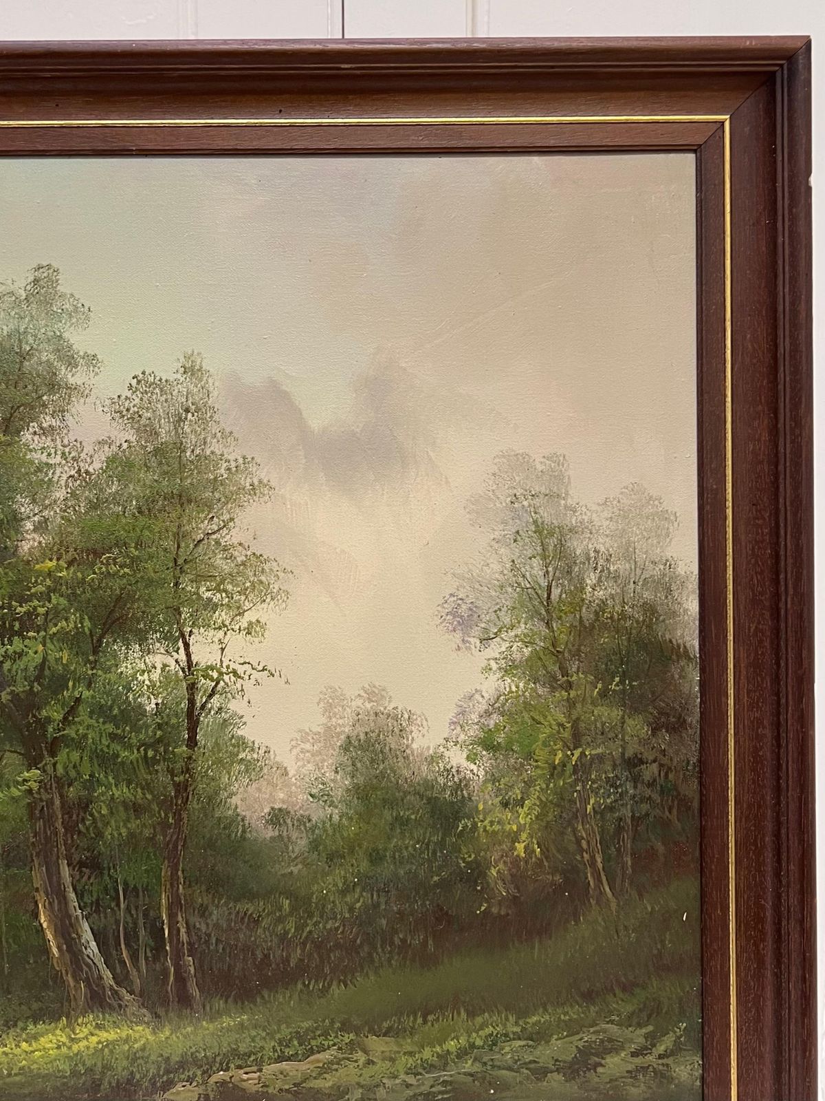 British Schoollarge 20th Century British Signed Oil Atmospheric Misty Lake Landscape & Bridge photo vintage
