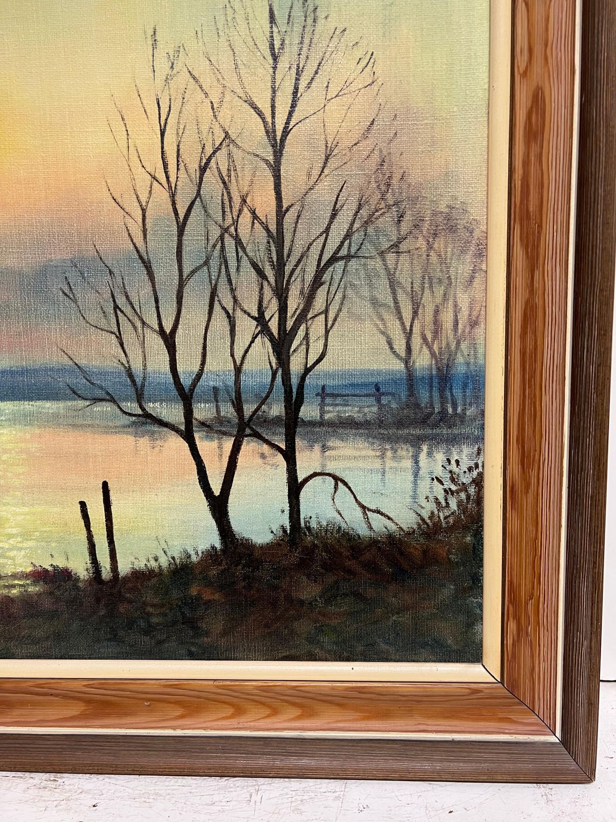 Mark W. Pikelarge 1970's British Signed Oil Painting Atmospheric Flooded Fields Sunset photo furniture