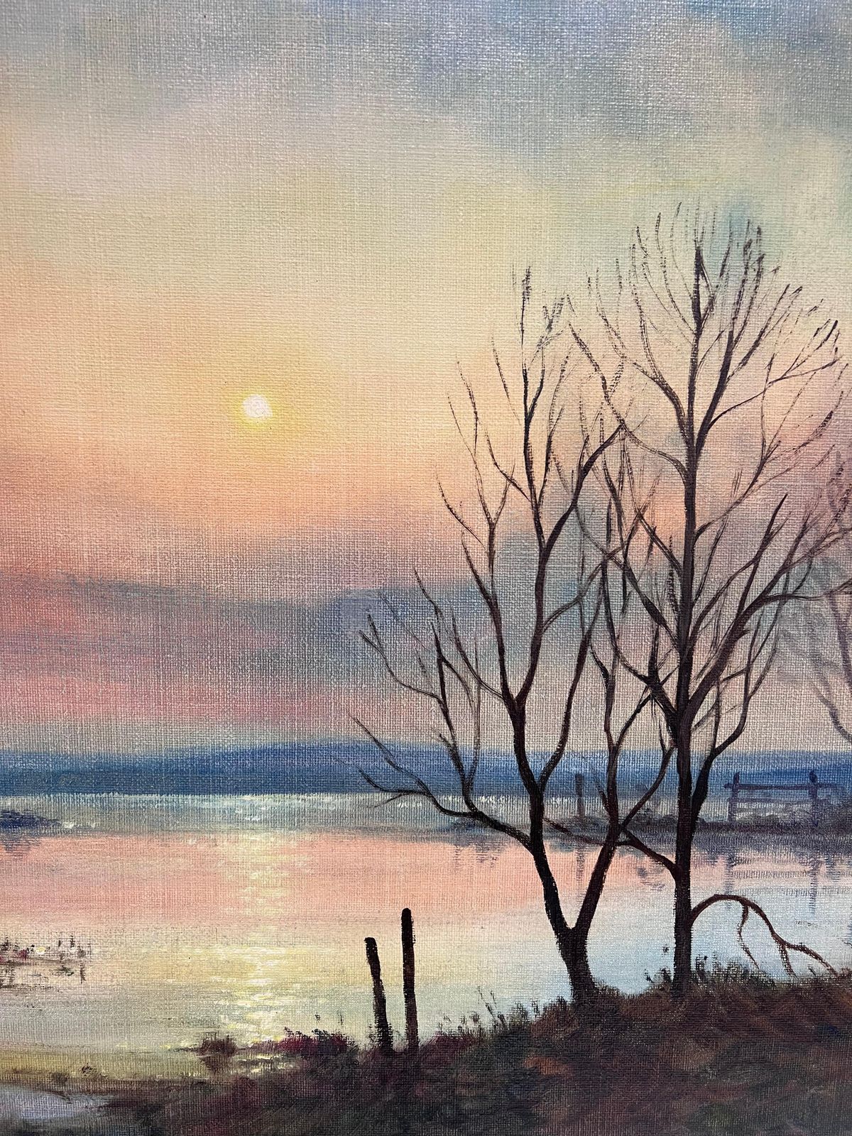 photo furniture Mark W. Pikelarge 1970's British Signed Oil Painting Atmospheric Flooded Fields Sunset