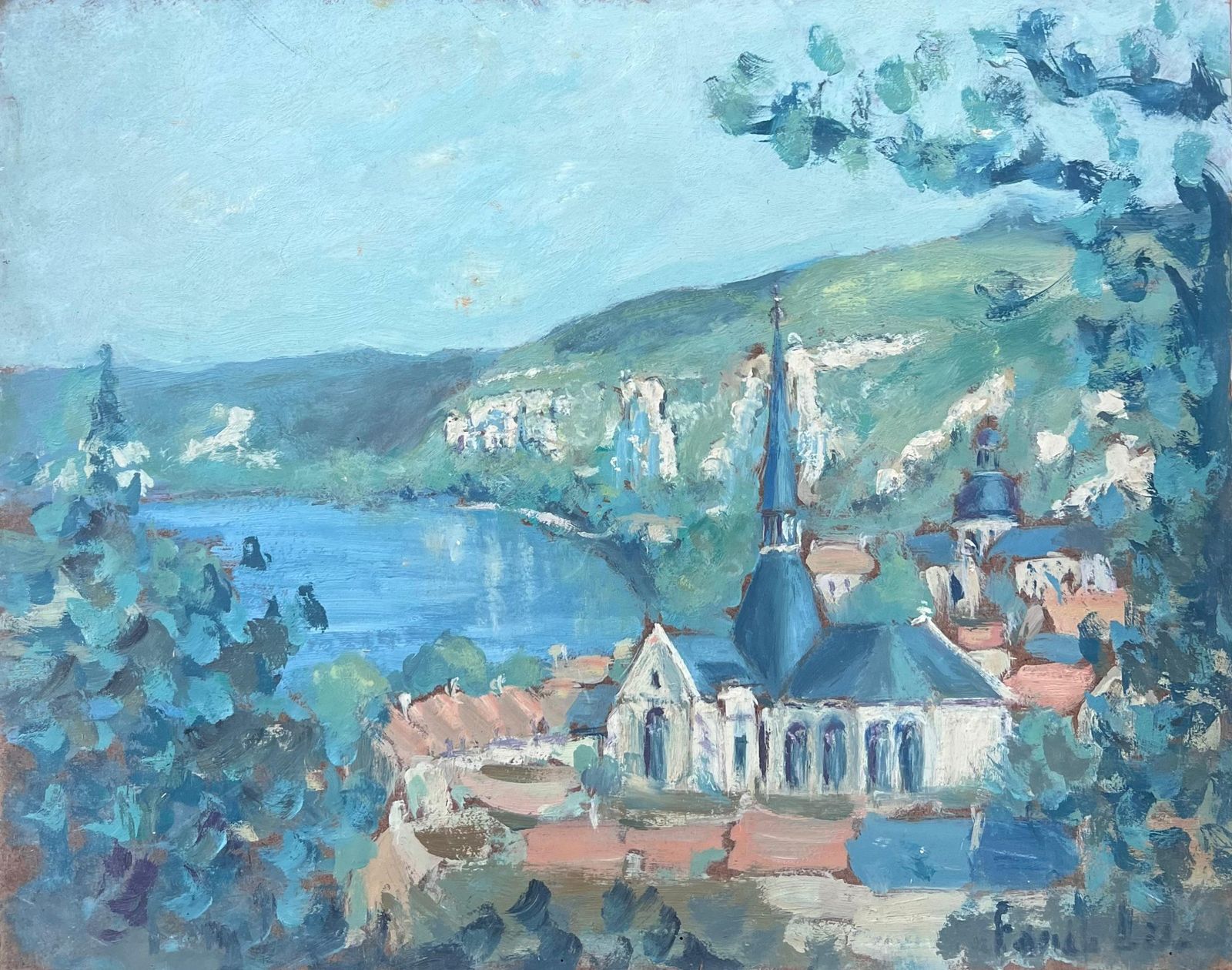 Fanch Lelblue Church In Bright Blue Sea Rivera French Landscape Oil Painting