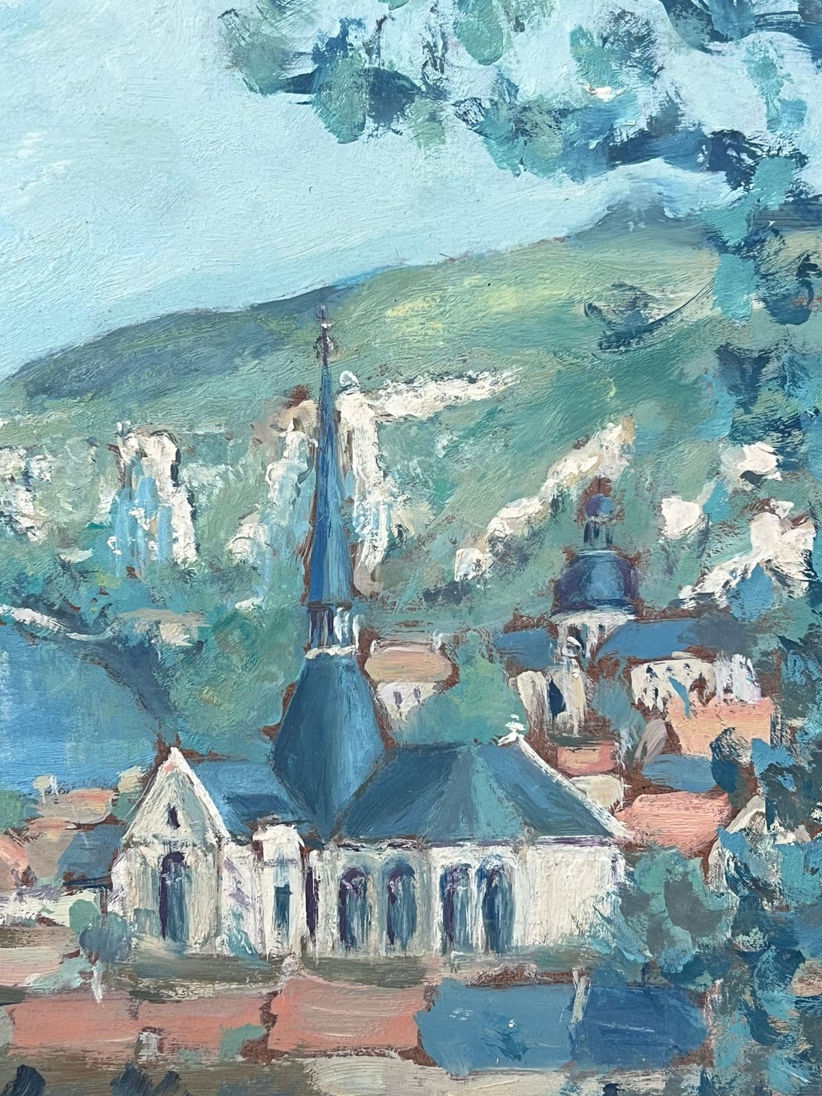 Fanch Lelblue Church In Bright Blue Sea Rivera French Landscape Oil Painting photo for sale