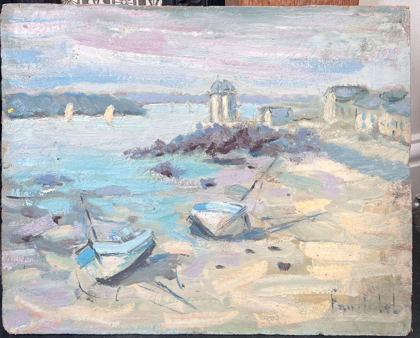 Fanch Leldocked Boats In A Sandy Harbour Sunset Beach French Oil Painting photo vinterior