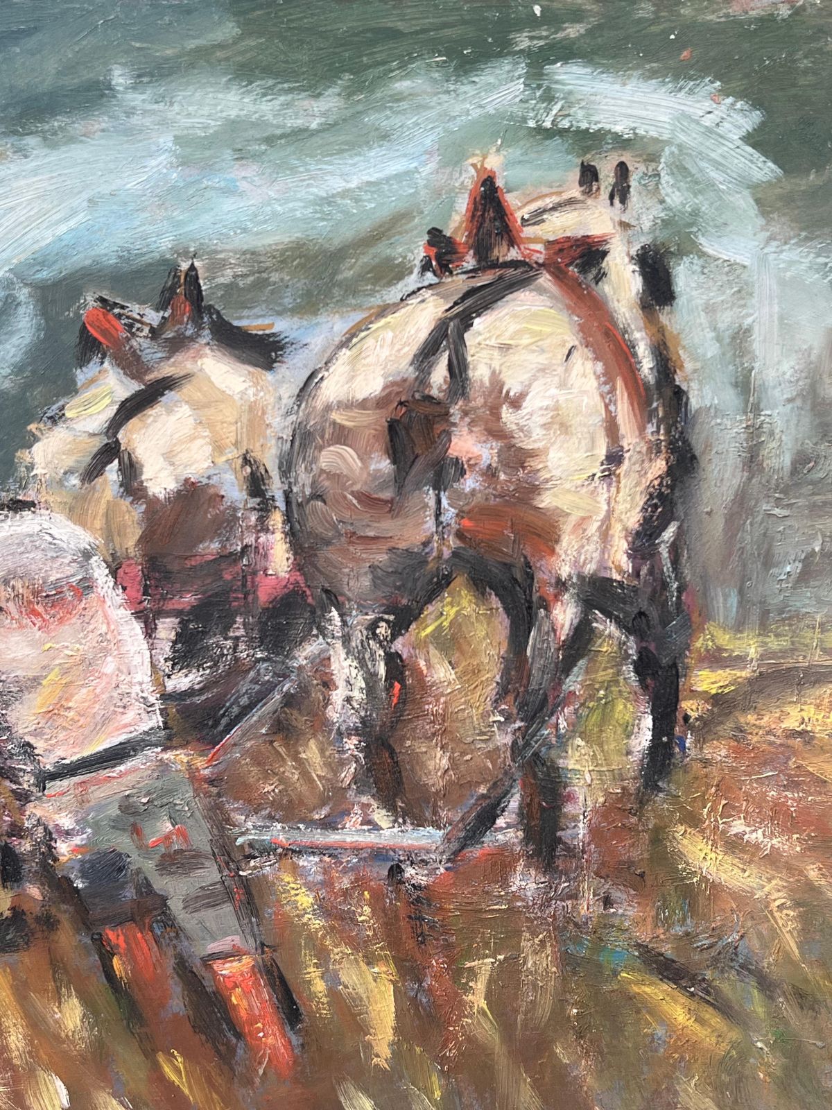 Fanch Lelfigure Ploughing The Orange Harvest Field Led By Horses French Oil Painting photo buy