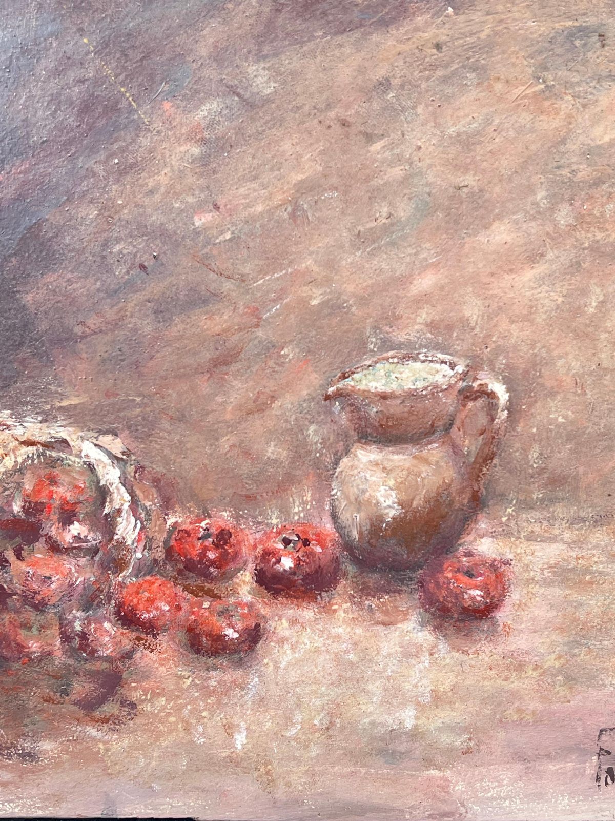 Fanch Lelstill Life Red Apples Spilling From Woven Basket  And Ceramic Jug Oil Painting1999 photo for sale
