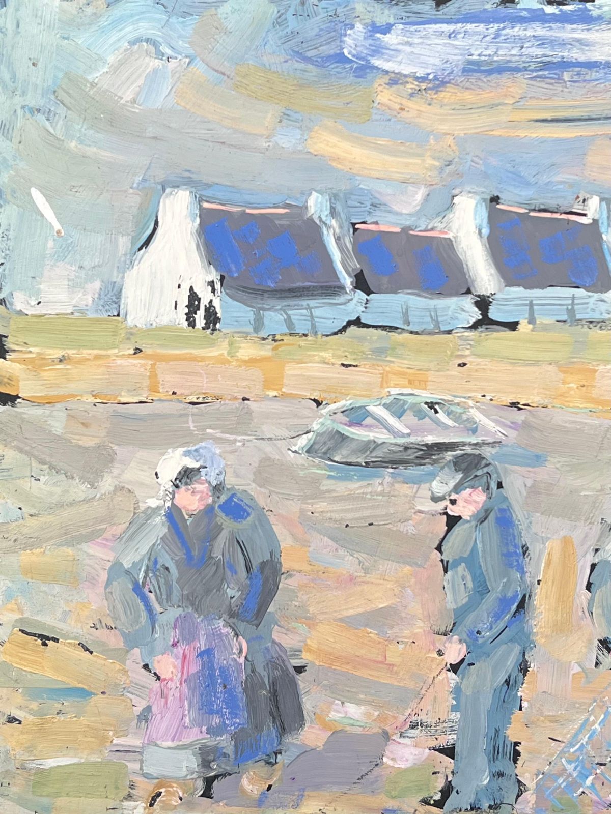 Fanch Lelfisherfolk Figures Prepping The Casting On The Shore Landscape Oil Painting1999 photo vintage