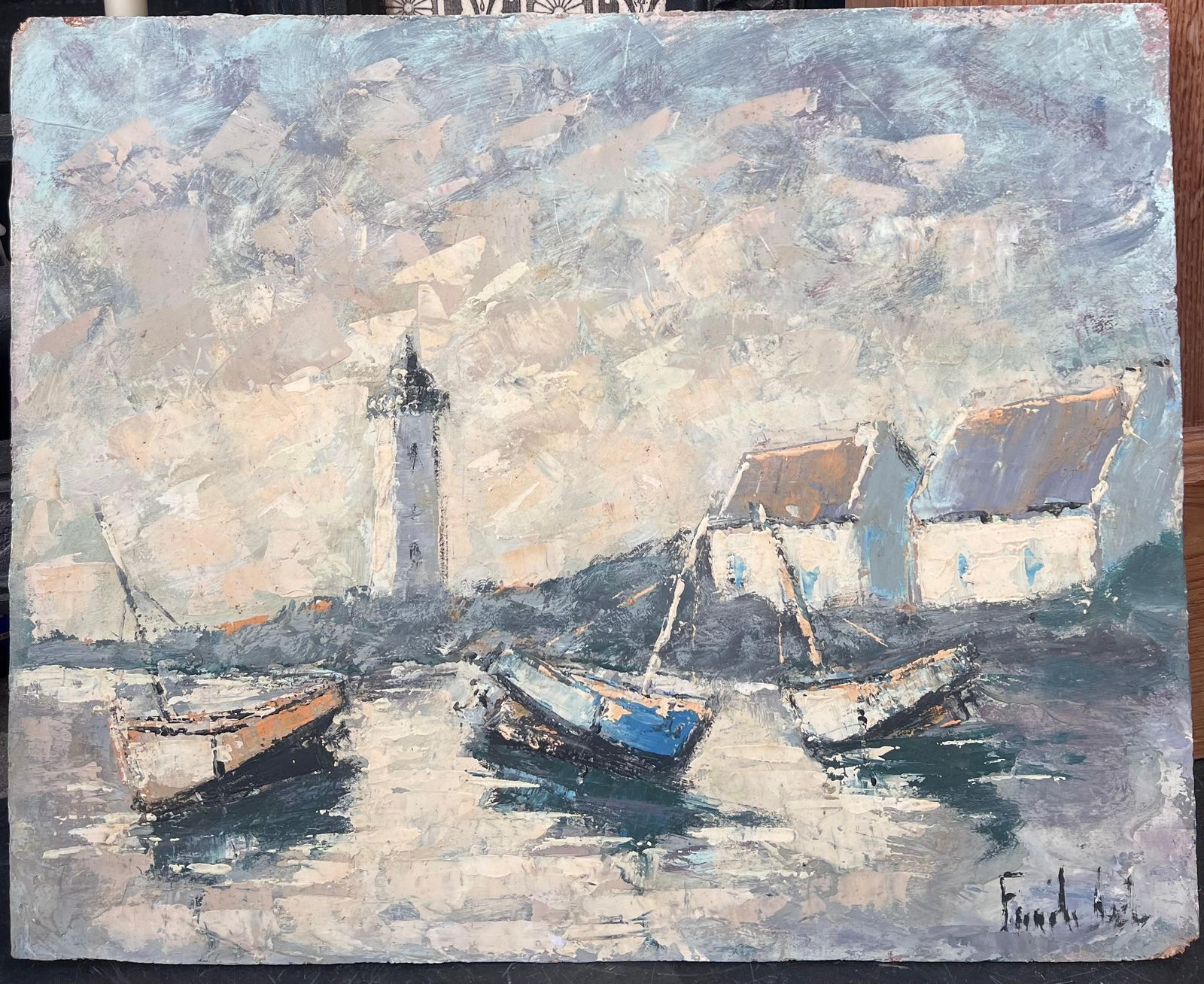 Fanch Lelboats Docked In The Grey Early Morning Harbour French Oil Painting photo furniture