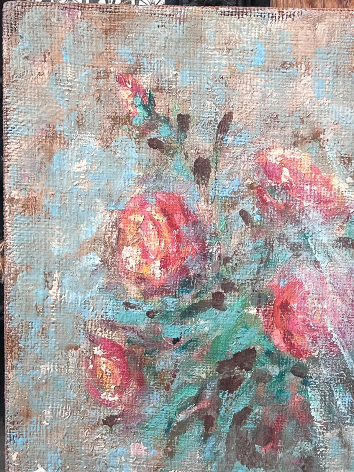Fanch Lelimpressionist French Red Roses In Blue Vase Interior Oil Painting photo Art