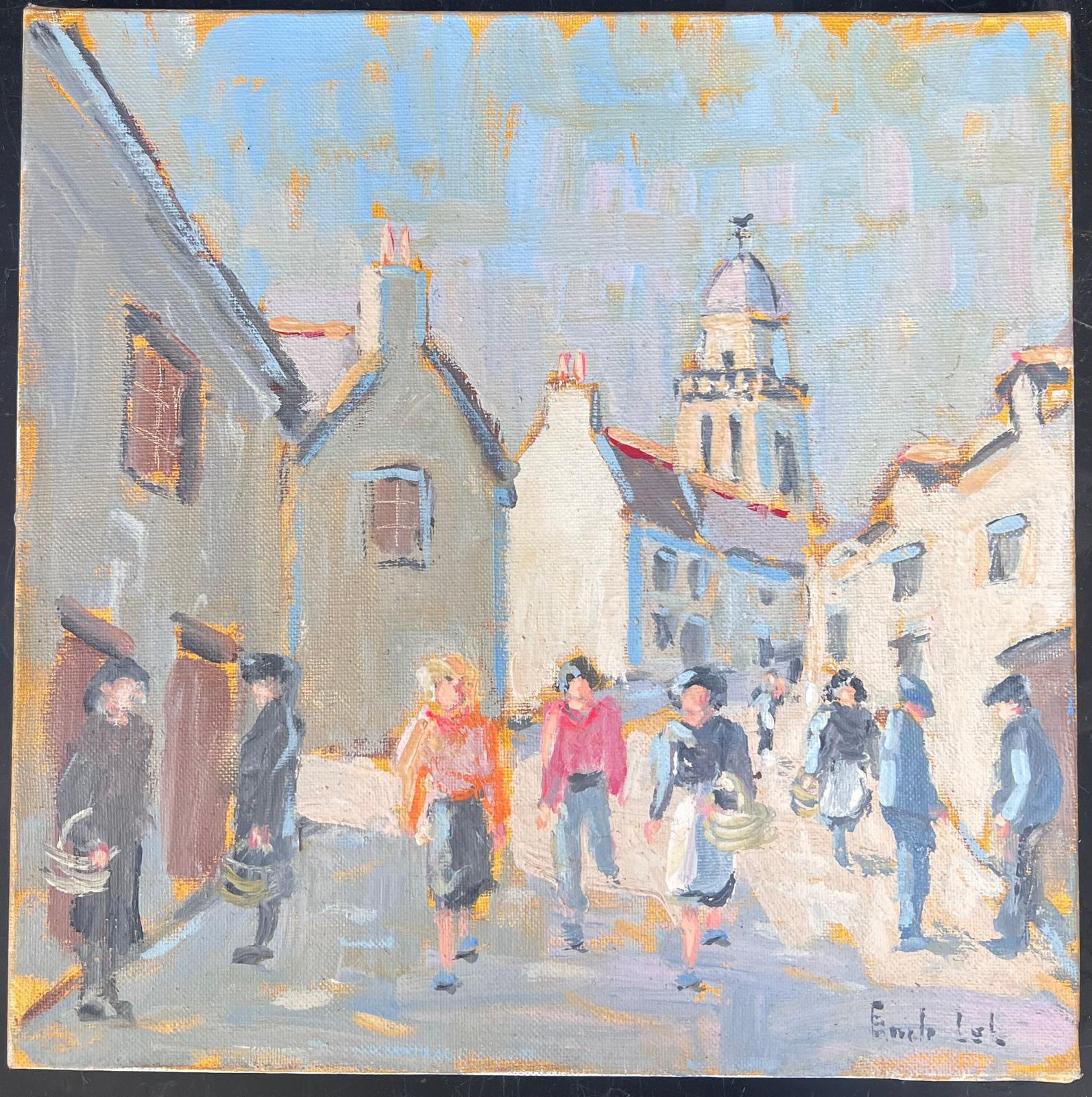 Fanch Lelfigures Walking Through A Bright Summer French Street French Oil Painting photo furniture