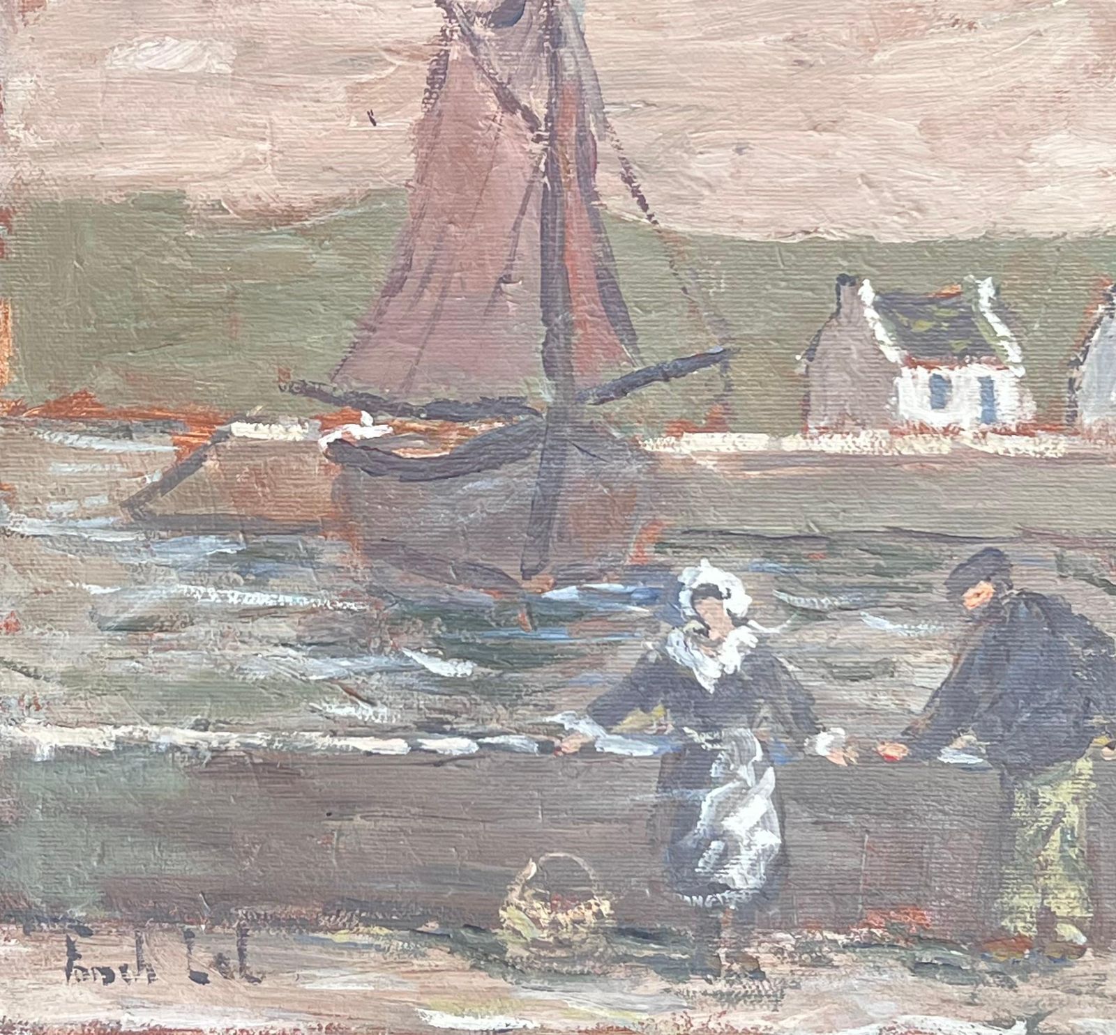 Fanch Lelmaid And Fisherman Watching The Quiet Harbour Impressionist French Oil Painting photo 433.0