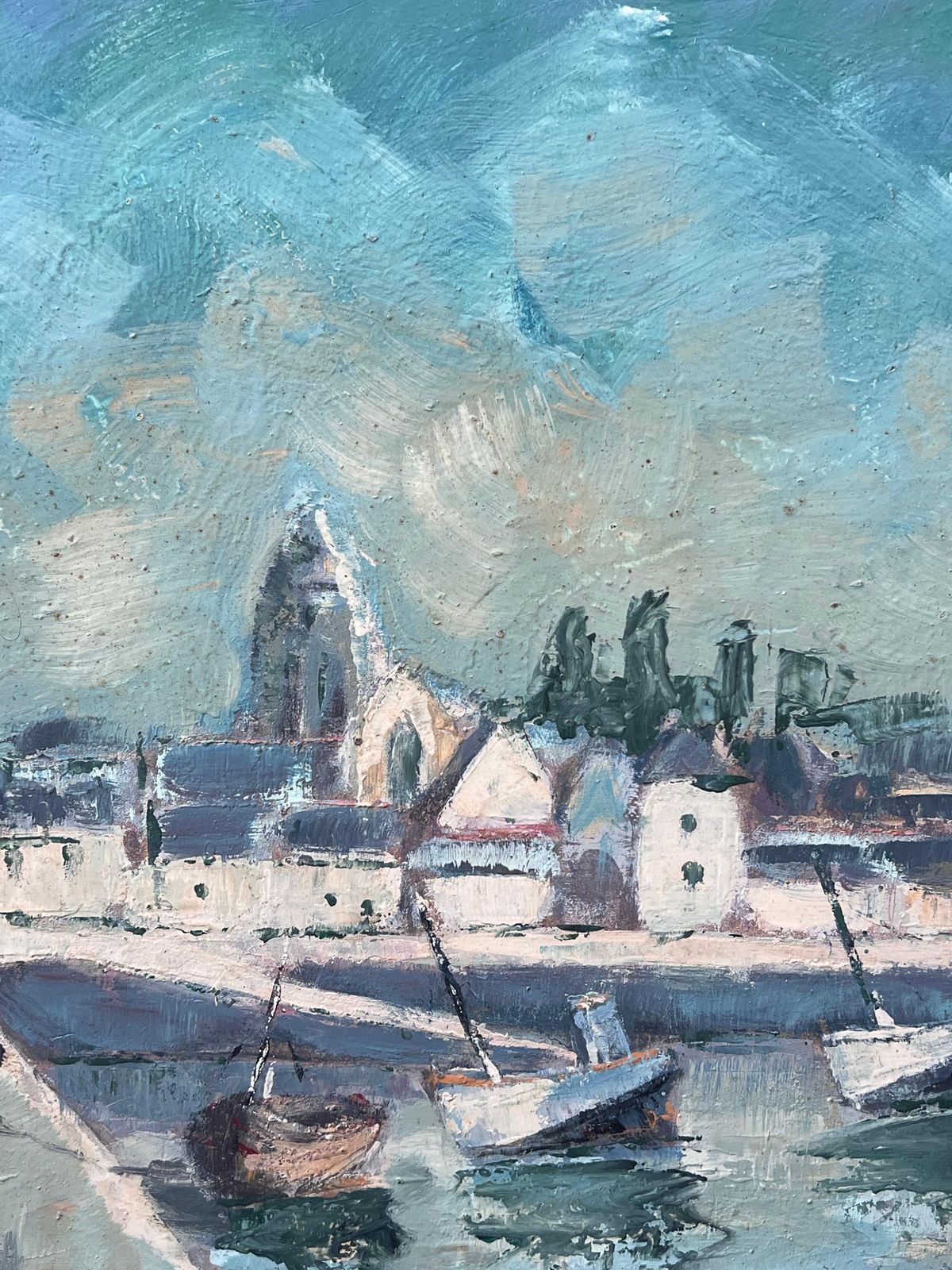 Fanch Lelturquoise Bright Blue & Sky French Town Harbour Oil Painting photo Art