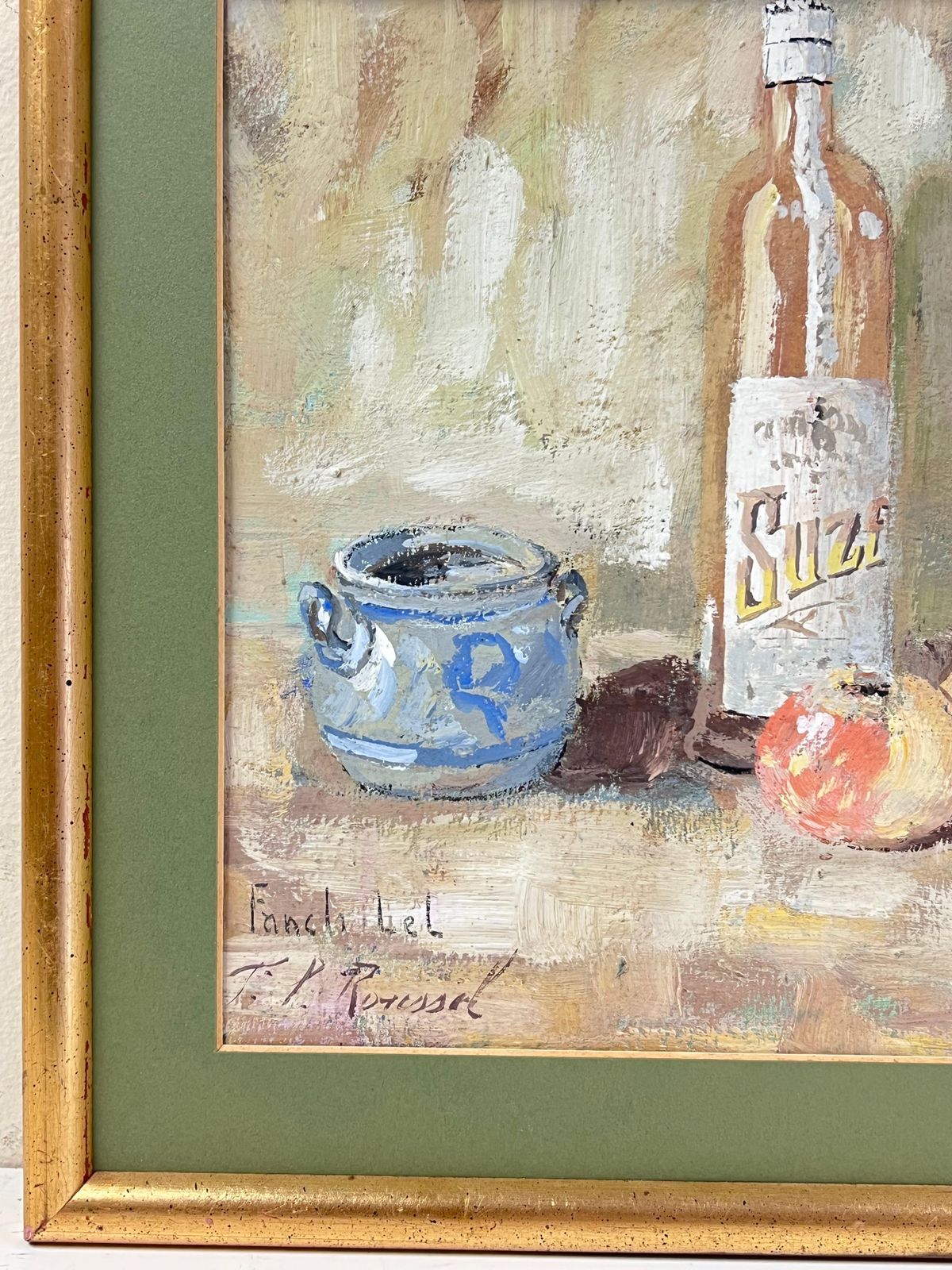 Fanch Lelfrench Impressionist Interior Rose Wine + Apples Still Life Framed Painting photo for sale
