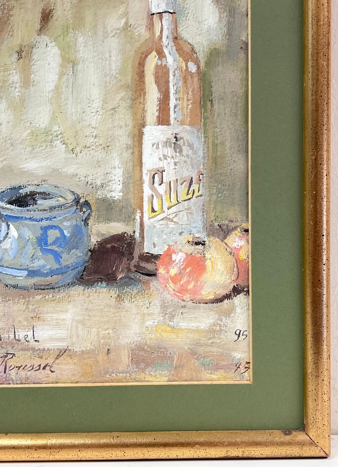 Fanch Lelfrench Impressionist Interior Rose Wine + Apples Still Life Framed Painting photo Art
