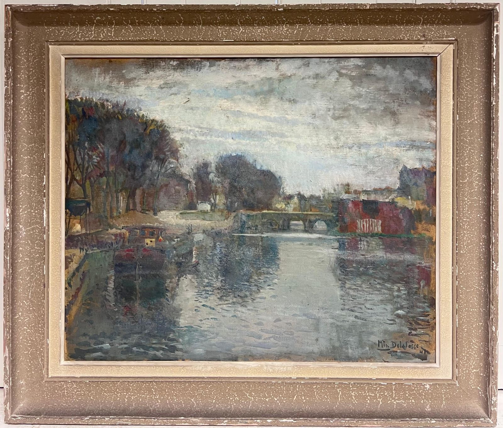 French School1940's French Impressionist Signed Oil Atmospheric Moody River Scene & Boats1940's