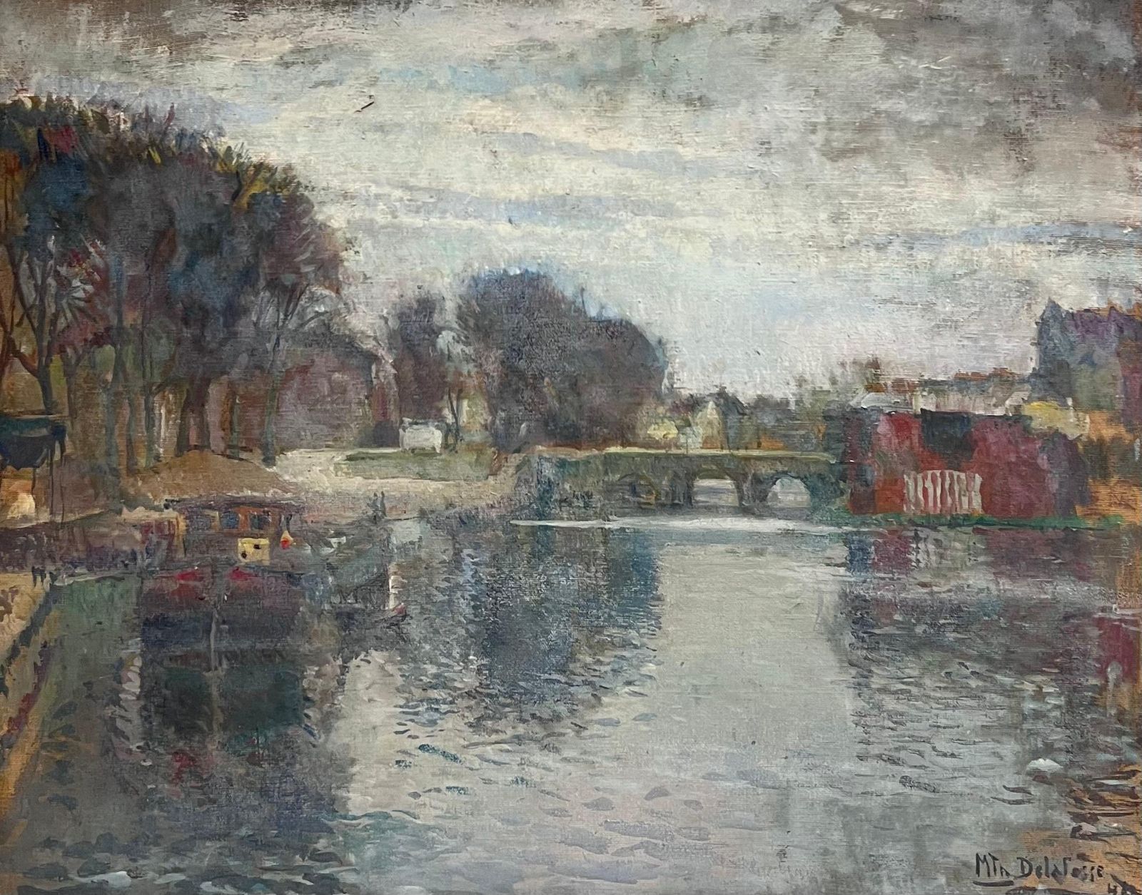 French School1940's French Impressionist Signed Oil Atmospheric Moody River Scene & Boats1940's photo furniture