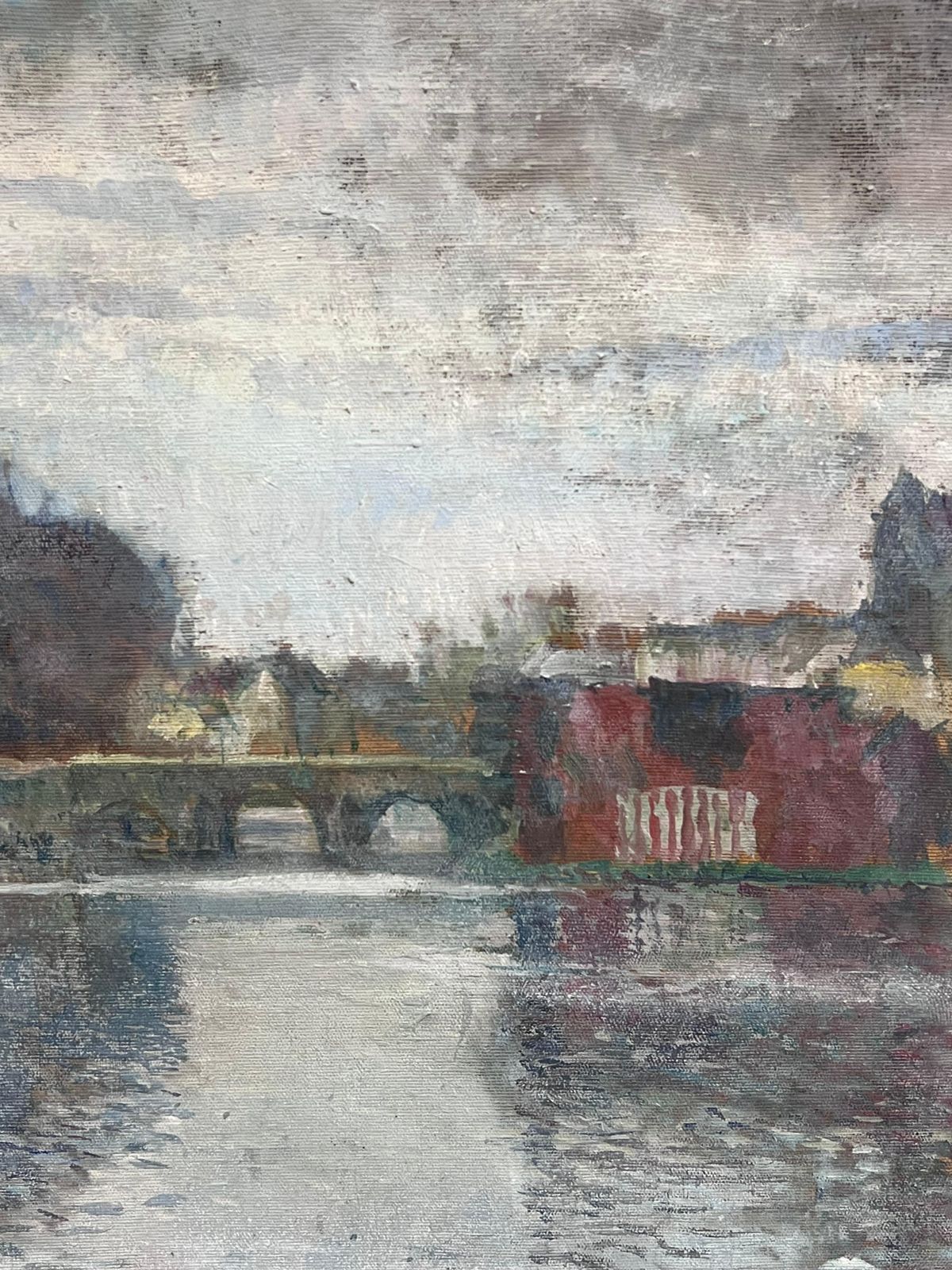 French School1940's French Impressionist Signed Oil Atmospheric Moody River Scene & Boats1940's photo buy