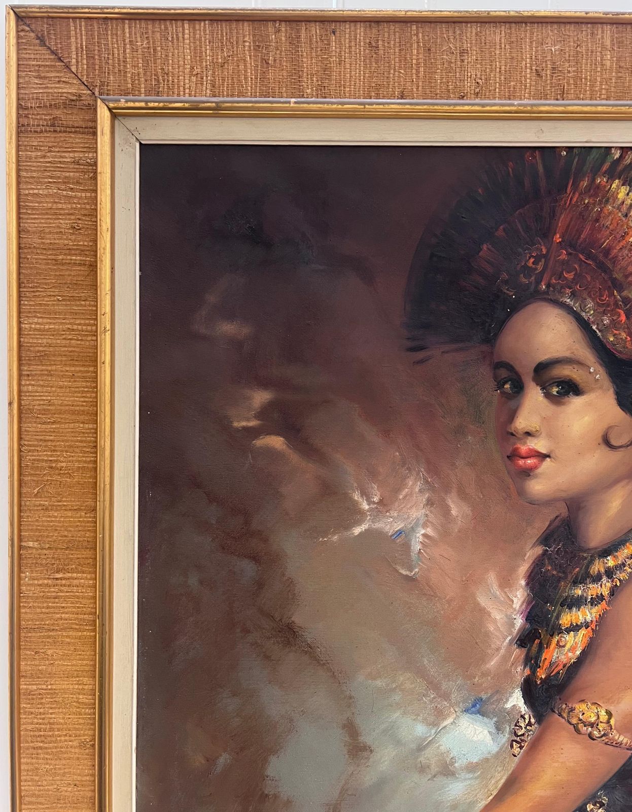 South East Asianlarge 1960's Oil Portrait Of Bali South Eastern Asia Lady In Traditional Attire photo for sale