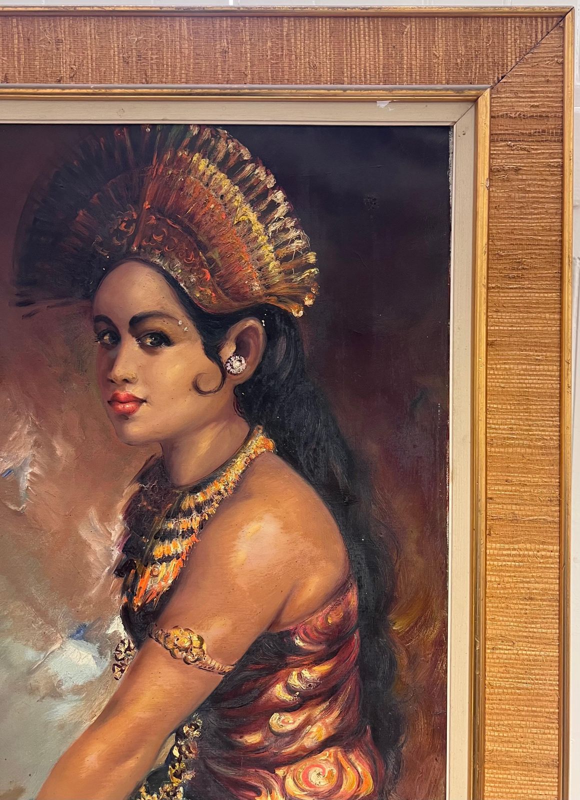 photo for sale South East Asianlarge 1960's Oil Portrait Of Bali South Eastern Asia Lady In Traditional Attire