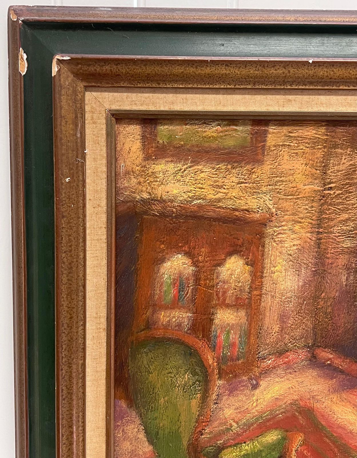 French School1970's French Modernist Signed Oil Woman In Parlor Interior Cleaning Furniture1976 photo Art