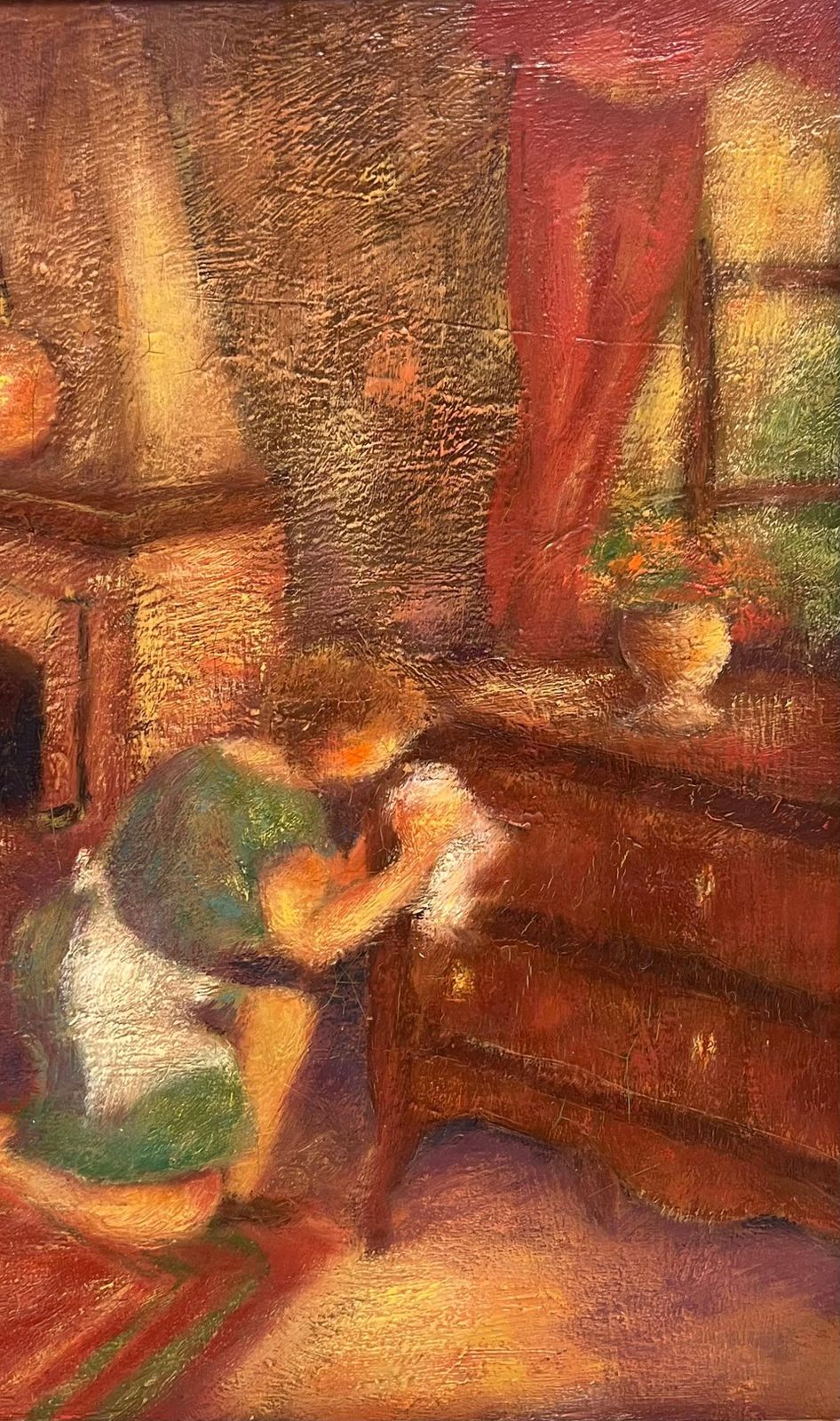 French School1970's French Modernist Signed Oil Woman In Parlor Interior Cleaning Furniture1976 photo vinterior