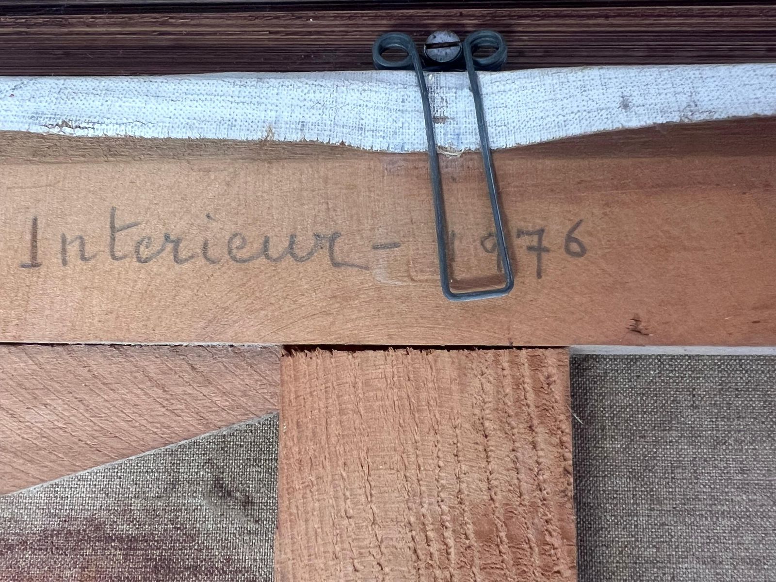 photo for sale French School1970's French Modernist Signed Oil Woman In Parlor Interior Cleaning Furniture1976