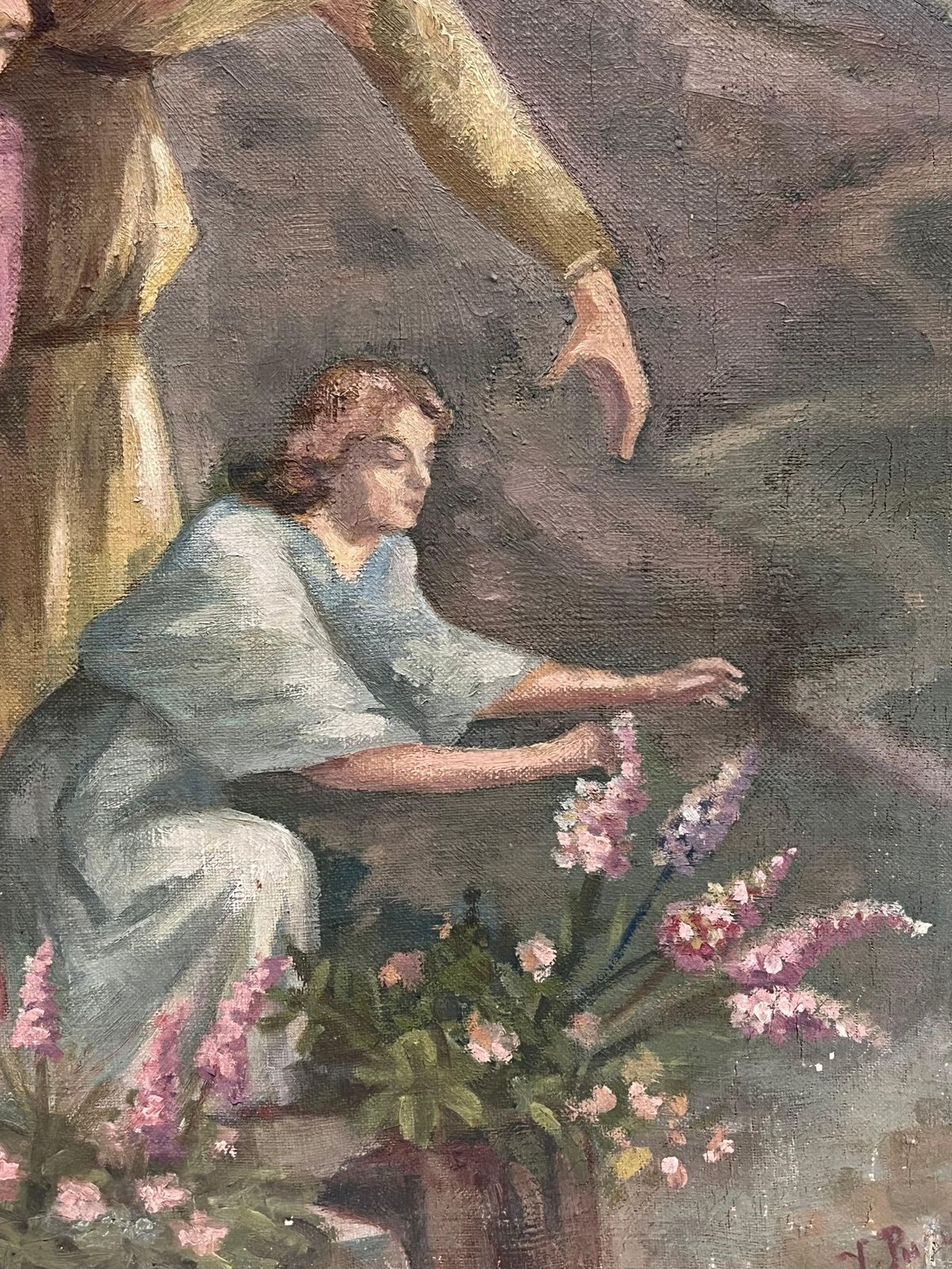 photo furniture French Schoolantique French Signed Oil Painting Angel With Two Children Picking Flowers
