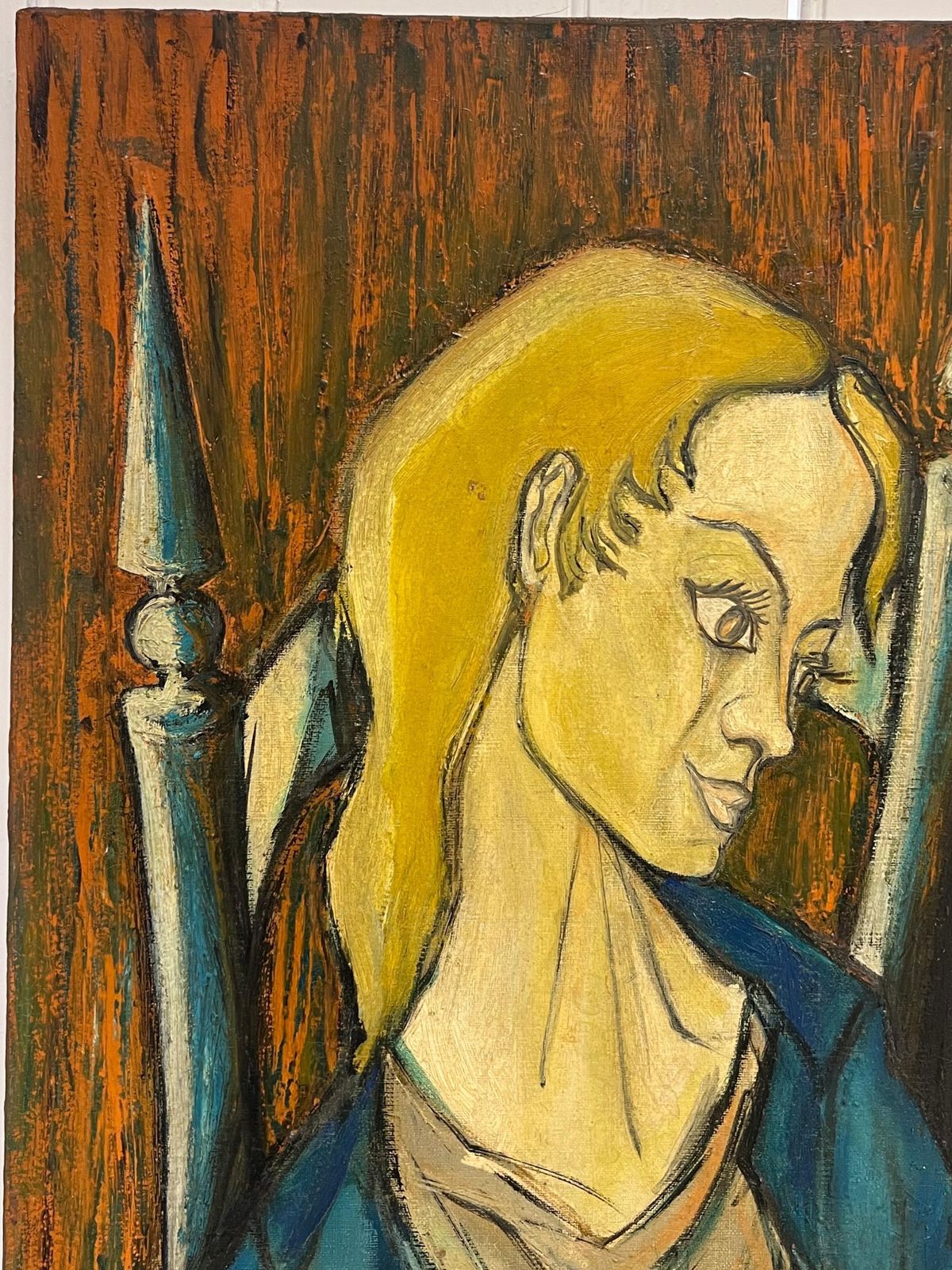 photo furniture French School1950's French Expressionist Signed Painting Lady Seated In Chair Harvest Fields1958